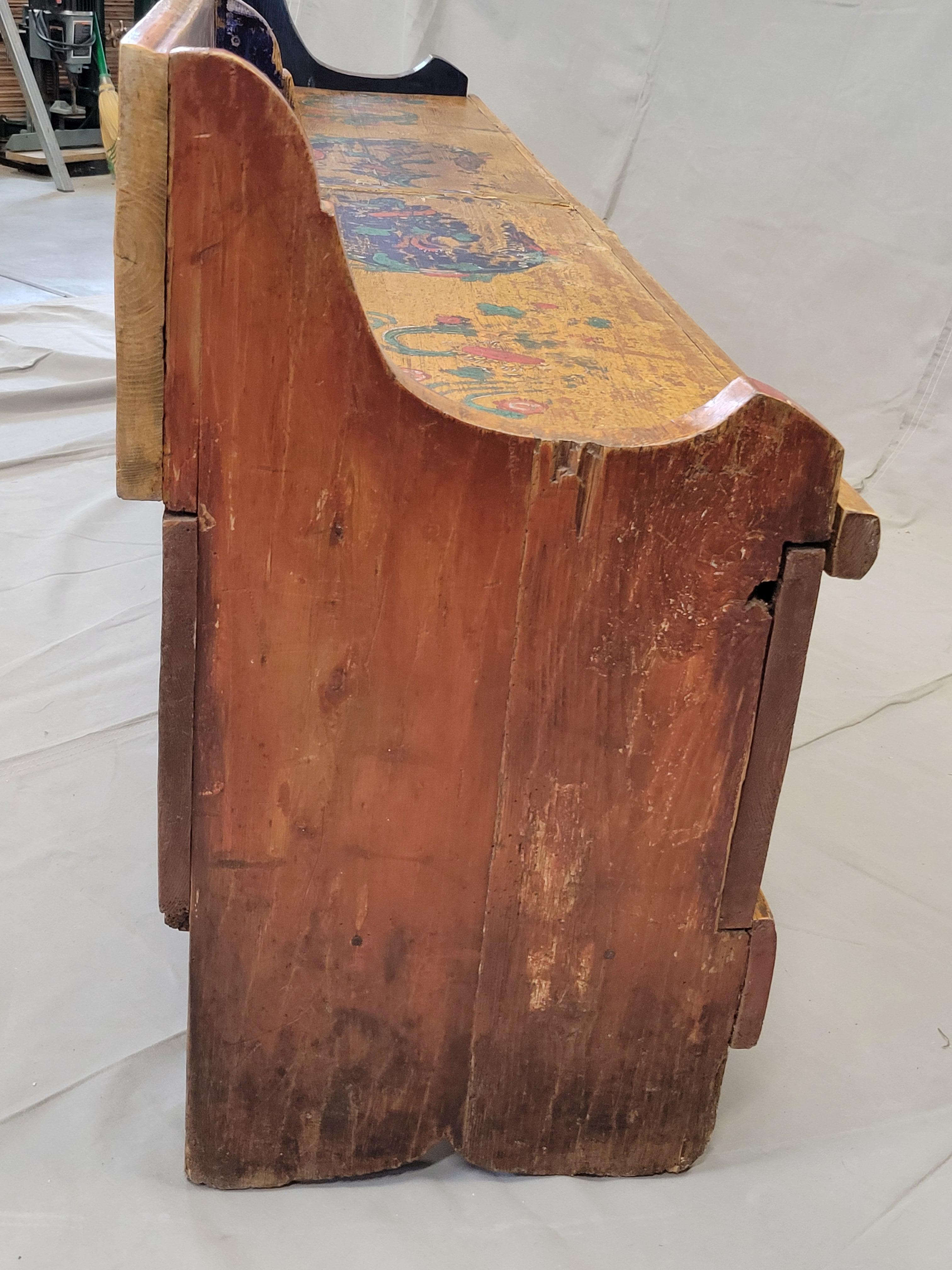 19th Century Antique Eastern European Hand Painted Pine Long Storage Bench