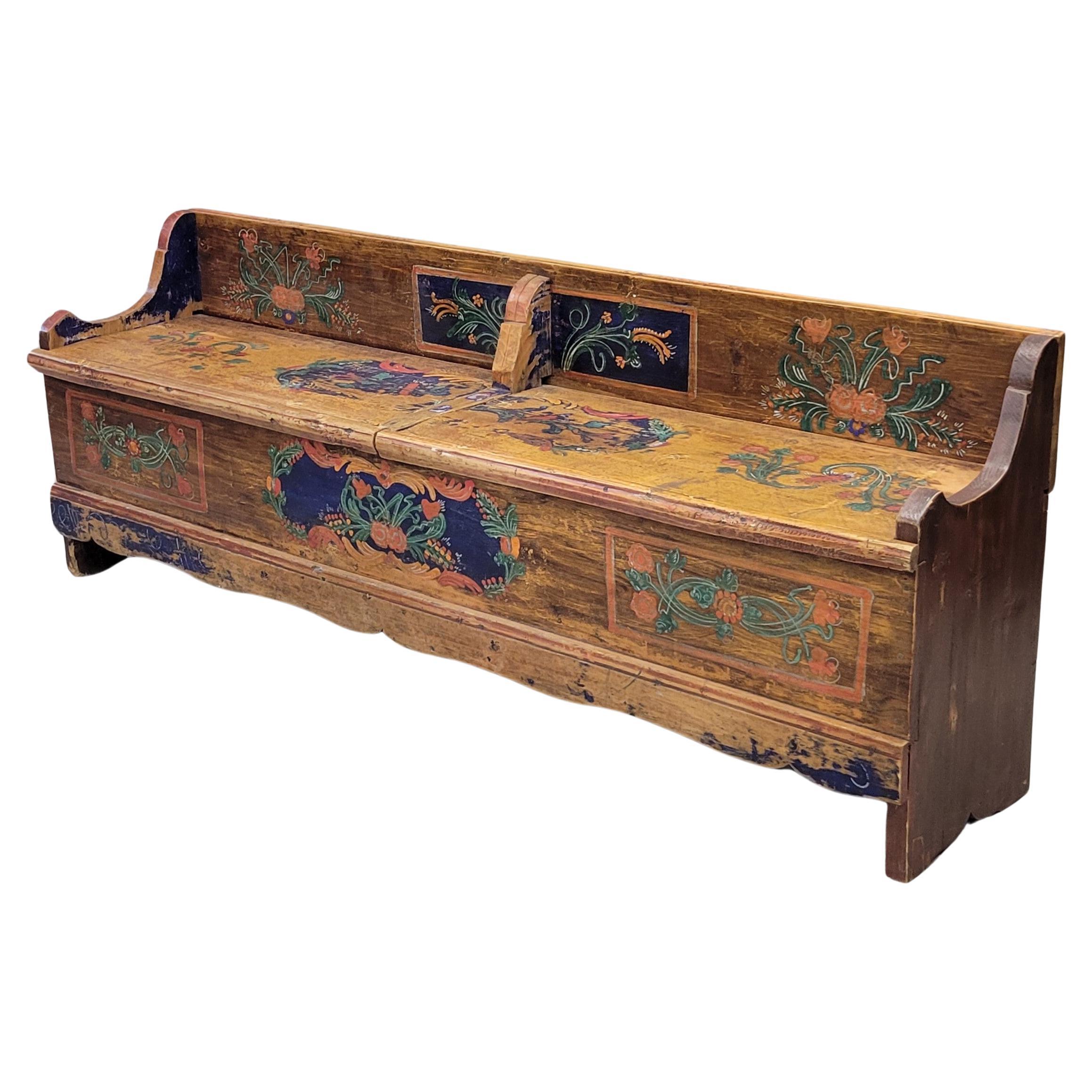 Antique Eastern European Hand Painted Pine Long Storage Bench