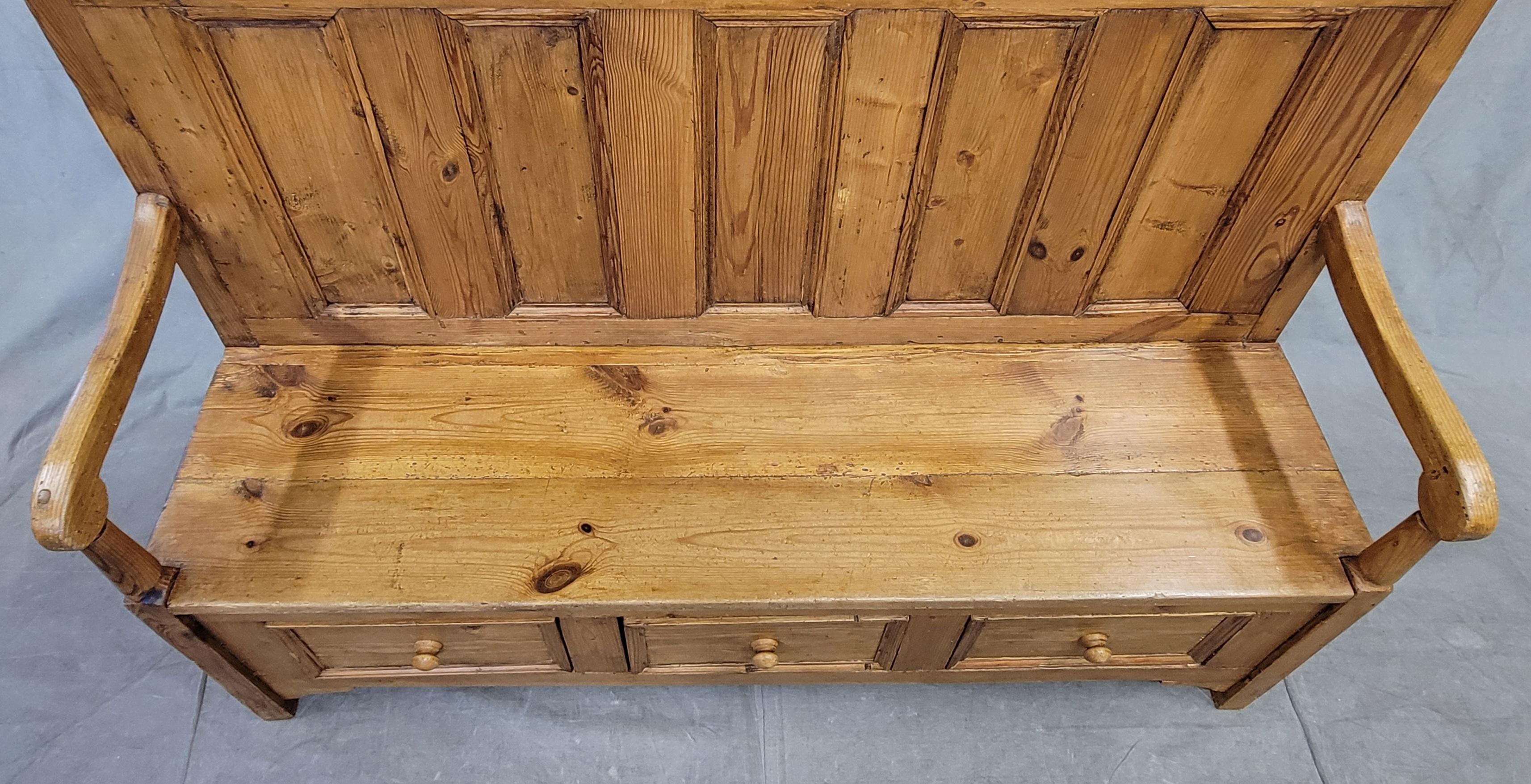 Hand-Crafted Eastern European Rustic Pine Settle Bench