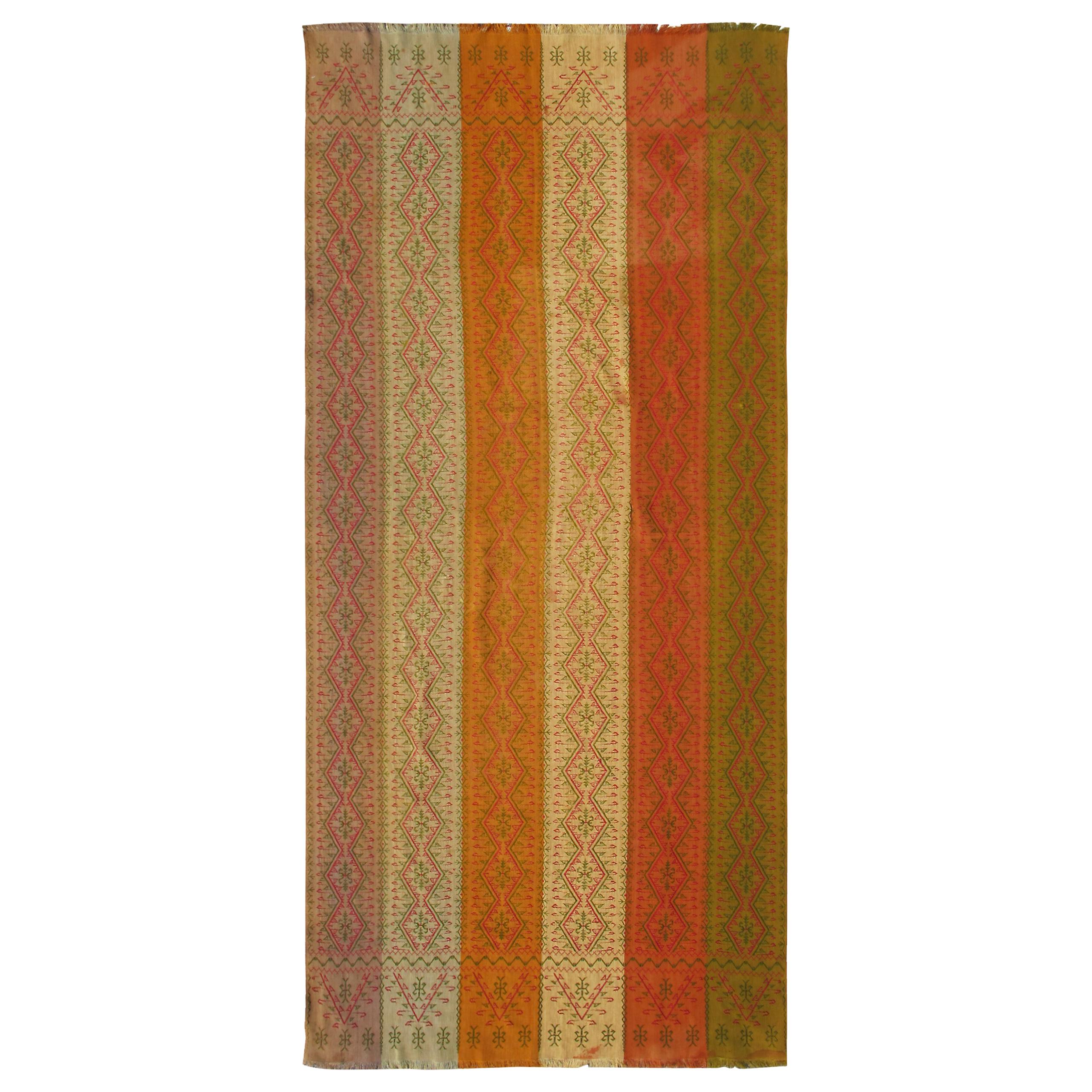 Colorful Antique  European Textile Tapestry in Vertical Stripes & Tribal Design