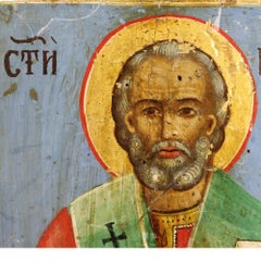 Antique Eastern Russian Orthodox Icon Painting On Wood Of Saint Nicholas c1860
