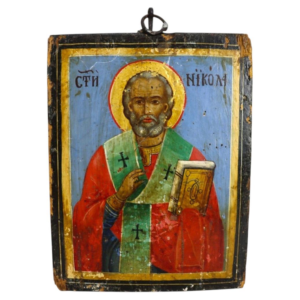 Icône orthodoxe russe orientale ancienne, peinte sur bois, représentant saint Nicolas, vers 1860