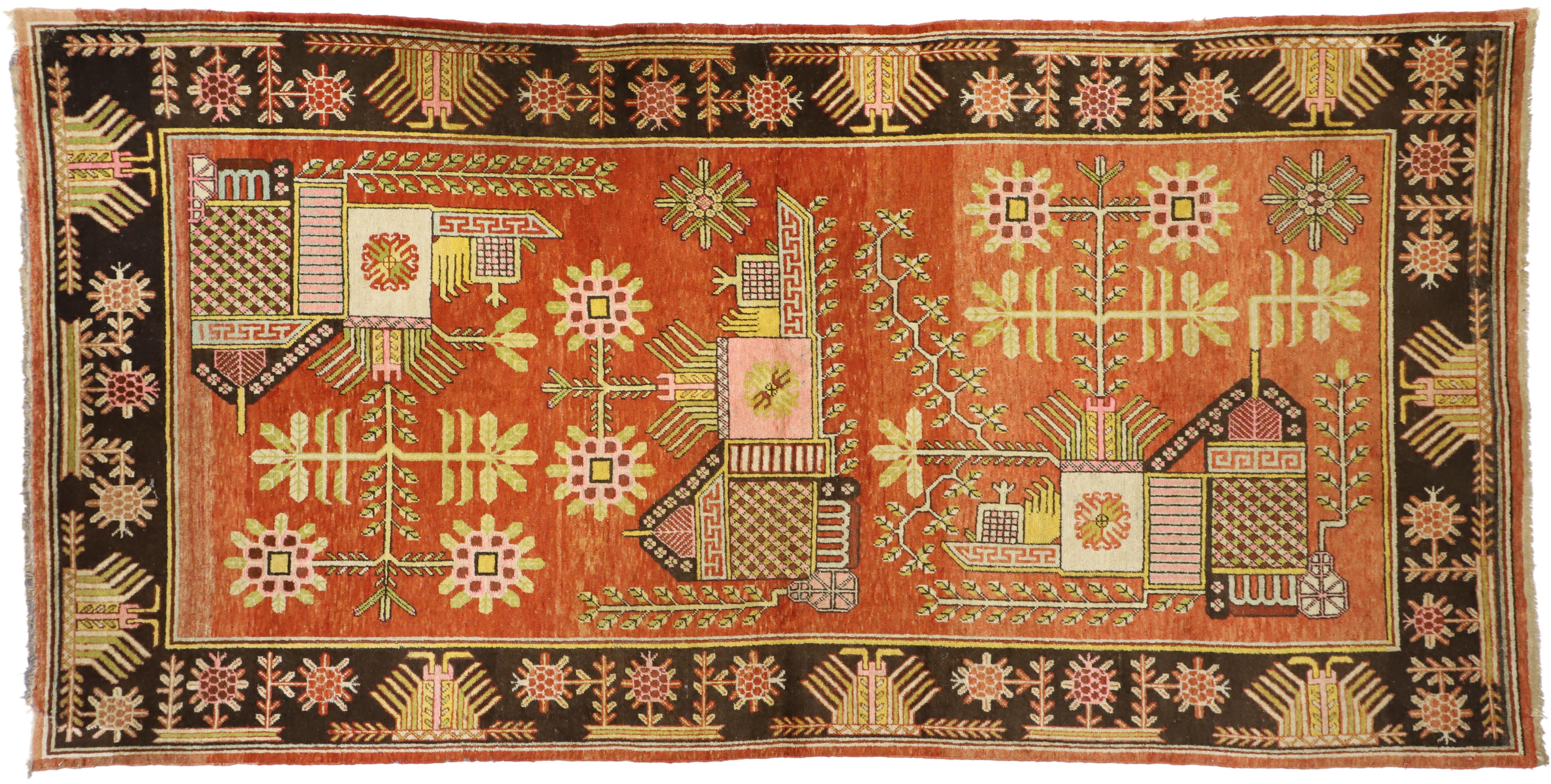 Antiker malerischer Khotan-Teppich aus Ostturkestan im eklektischen nordwestlichen Stil im Angebot 2