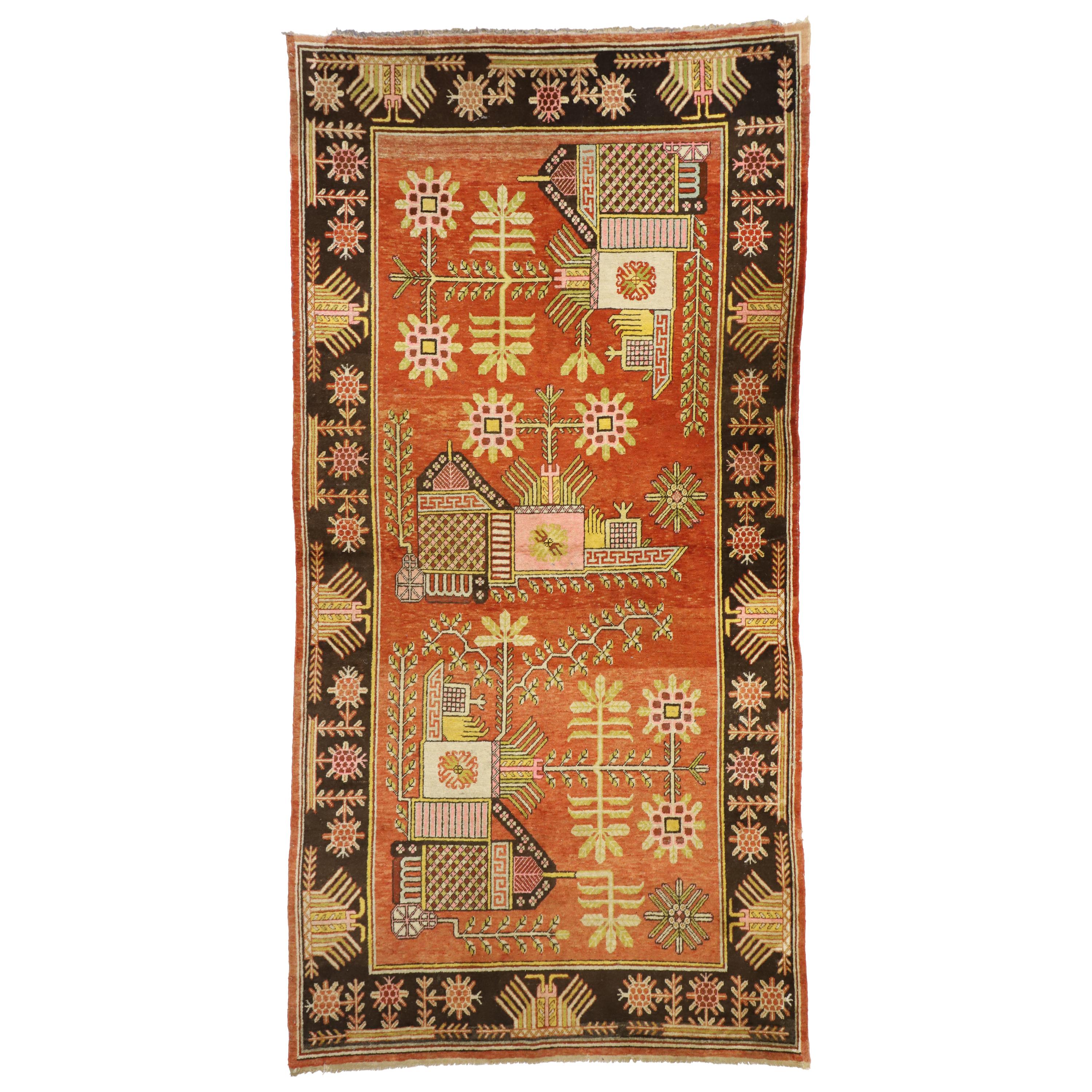 Antiker malerischer Khotan-Teppich aus Ostturkestan im eklektischen nordwestlichen Stil