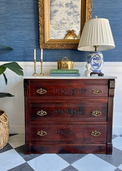 Antique Eastlake 19th Century Marble Top Dresser Hand Carved Spoon Detail