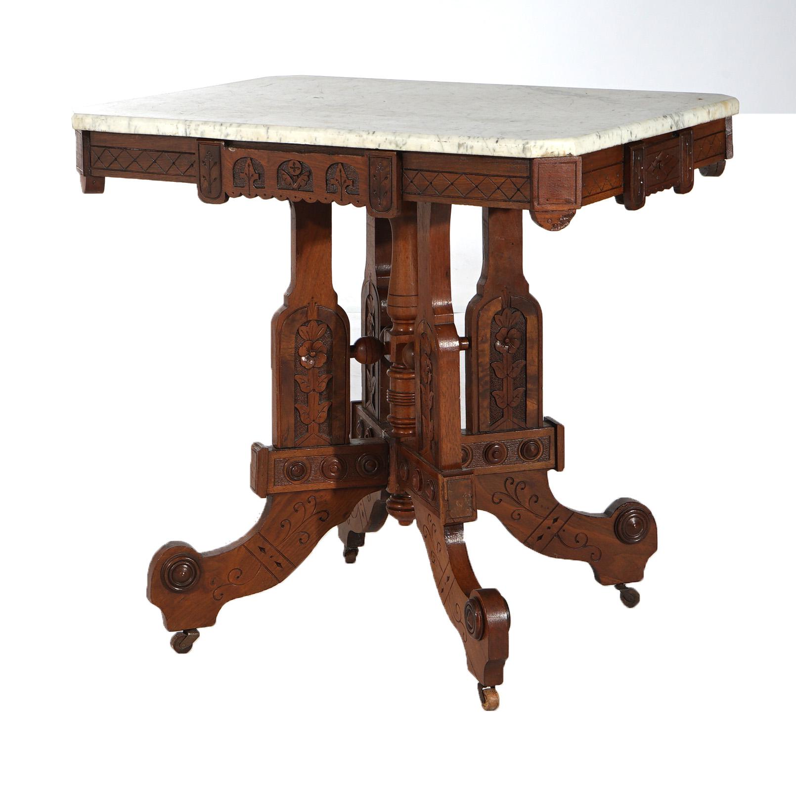 Antique Eastlake Aesthetic Floral Carved Walnut & Marble Parlor Table, c1880 For Sale 6