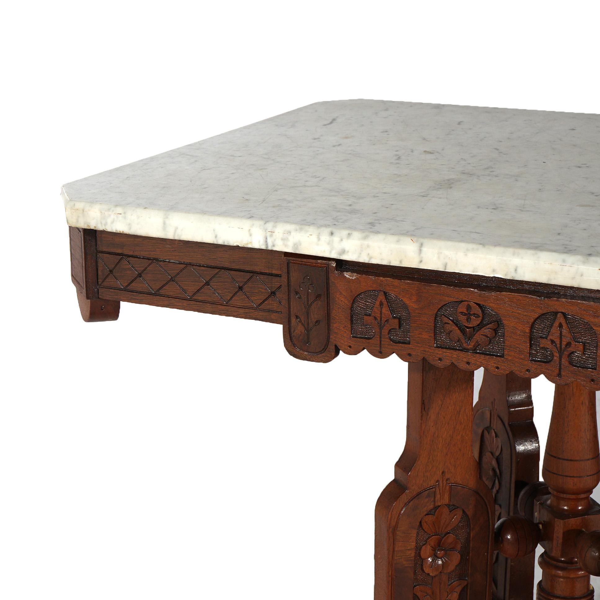 Antique Eastlake Aesthetic Floral Carved Walnut & Marble Parlor Table, c1880 For Sale 7