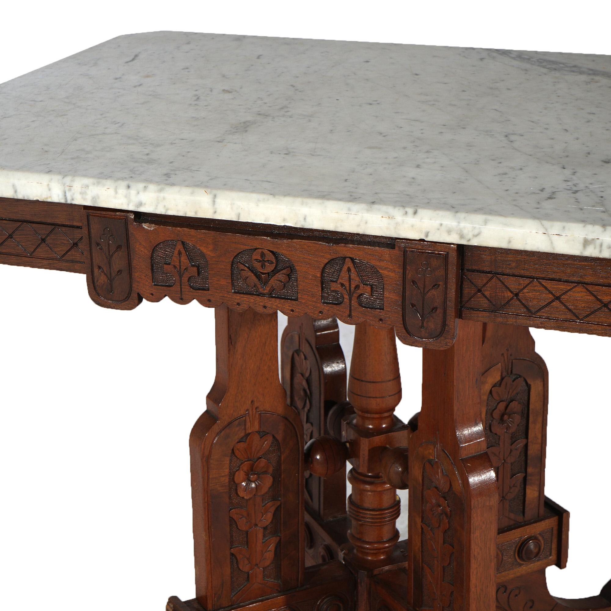 Antique Eastlake Aesthetic Floral Carved Walnut & Marble Parlor Table, c1880 For Sale 8