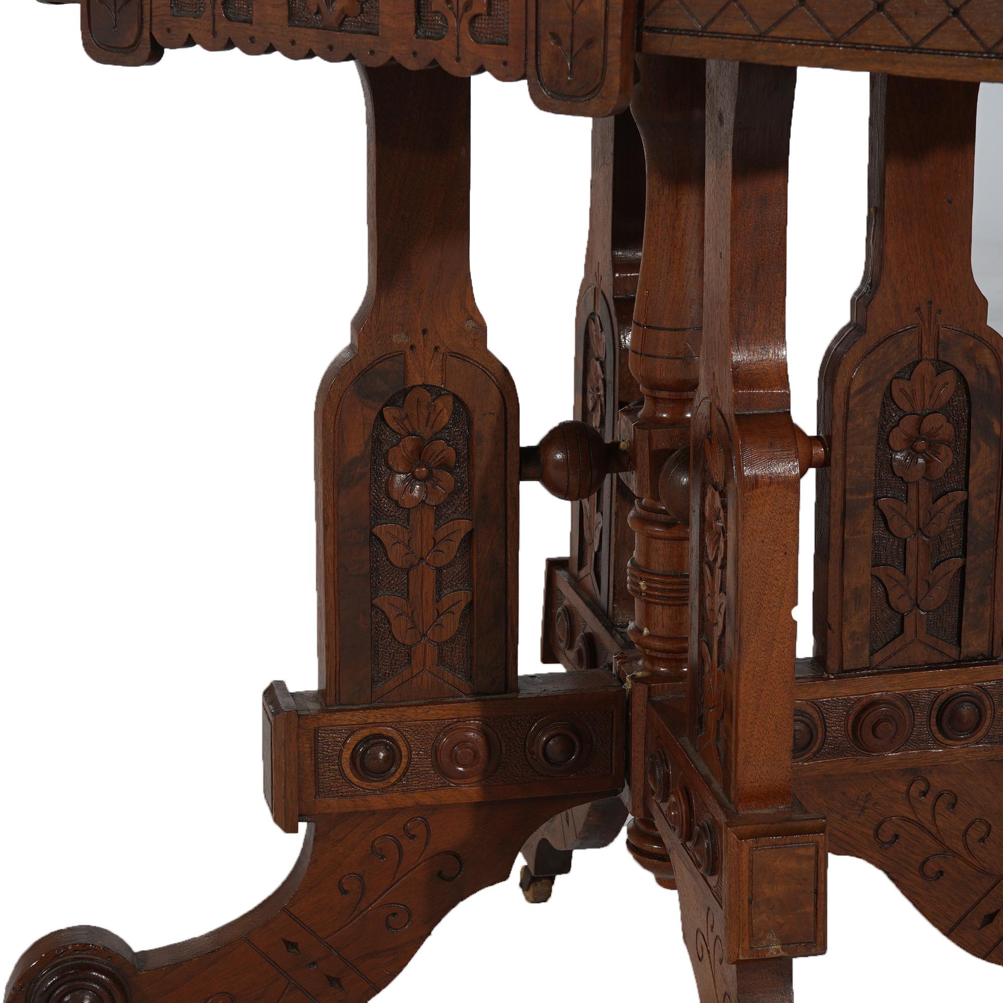 19th Century Antique Eastlake Aesthetic Floral Carved Walnut & Marble Parlor Table, c1880 For Sale