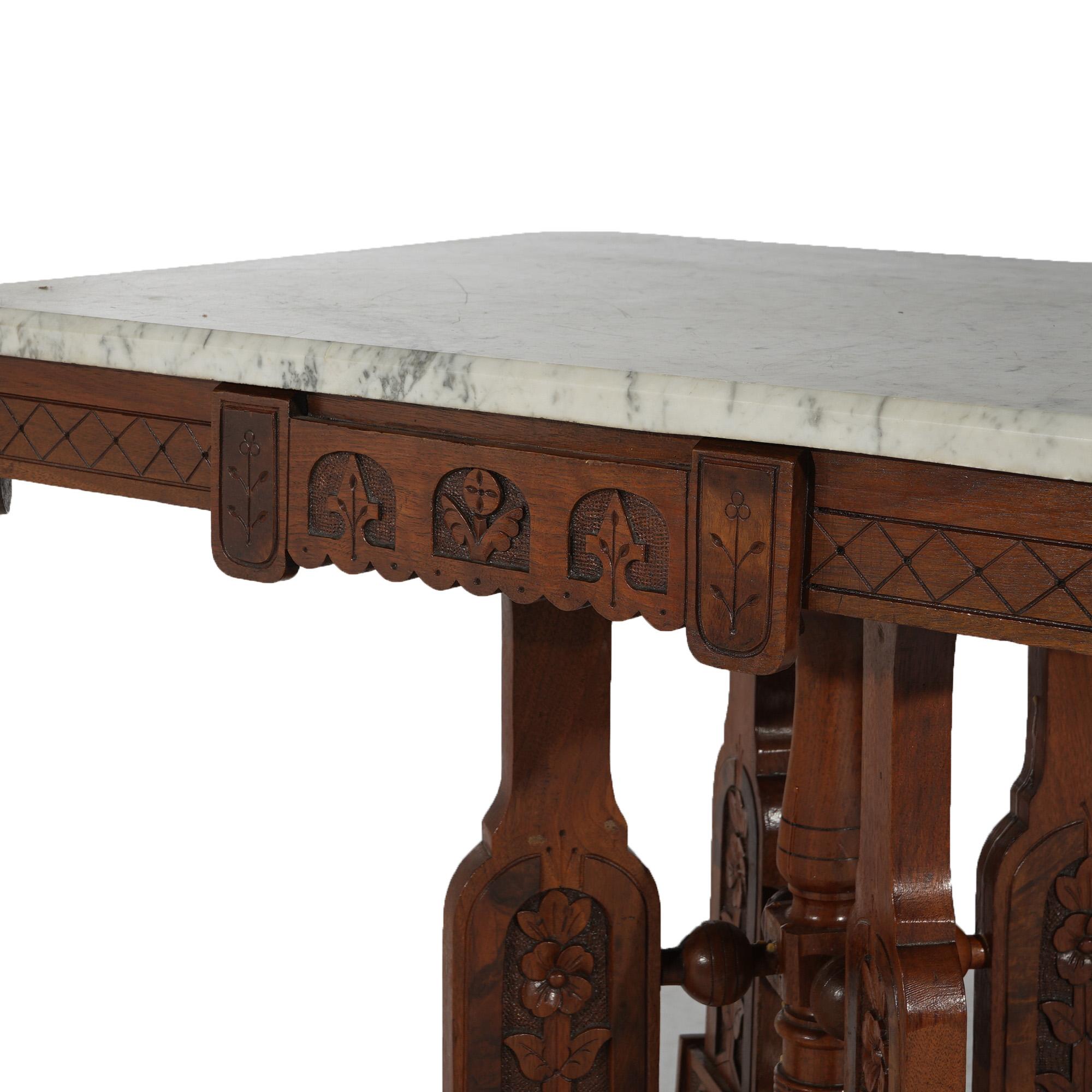 Antique Eastlake Aesthetic Floral Carved Walnut & Marble Parlor Table, c1880 For Sale 1