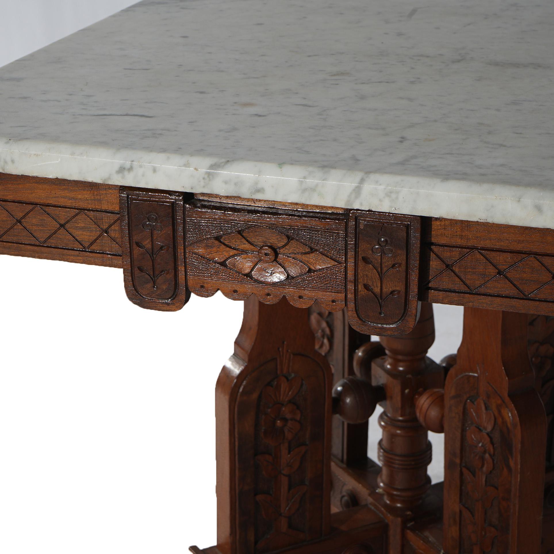 Antique Eastlake Aesthetic Floral Carved Walnut & Marble Parlor Table, c1880 For Sale 3