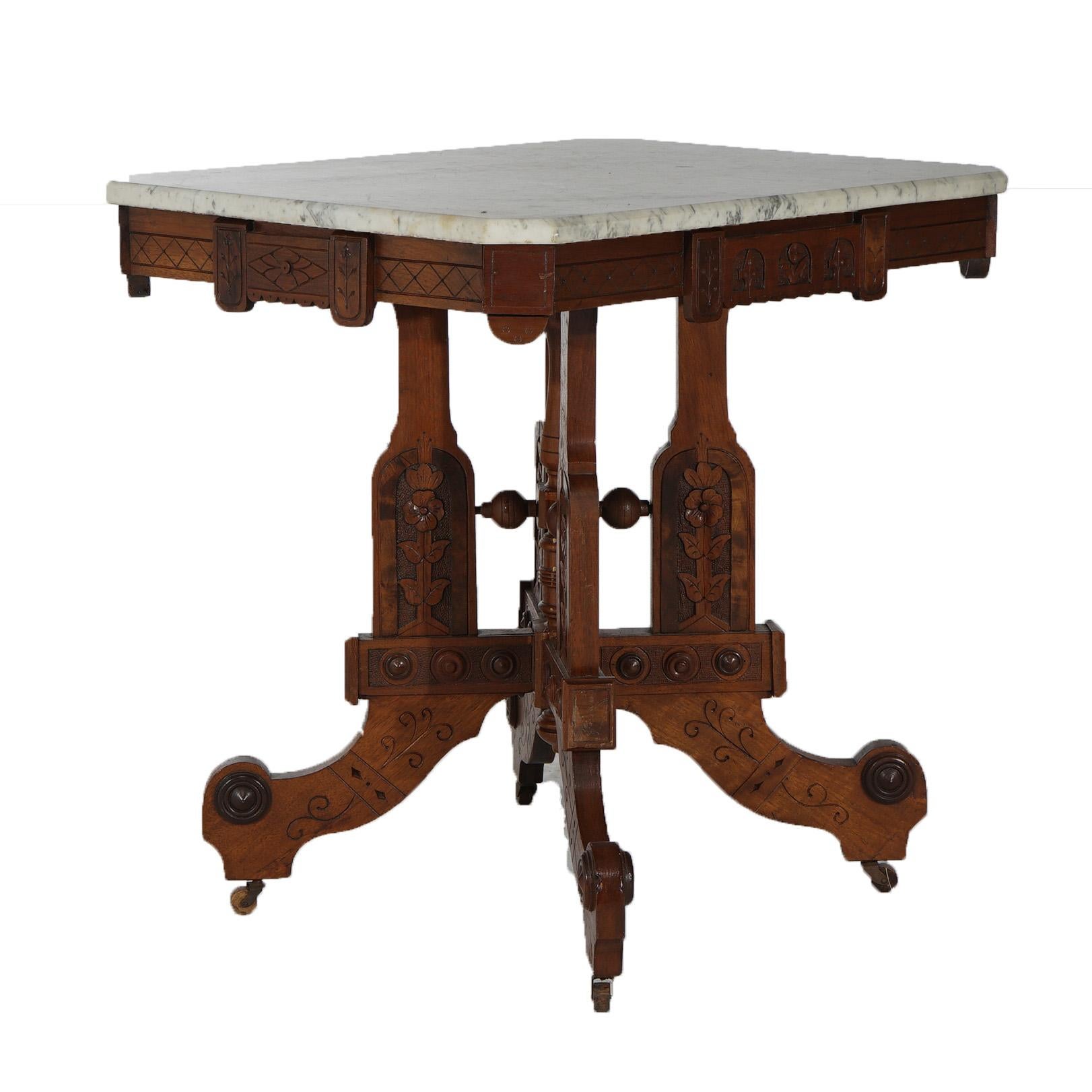 Antique Eastlake Aesthetic Floral Carved Walnut & Marble Parlor Table, c1880 For Sale 4