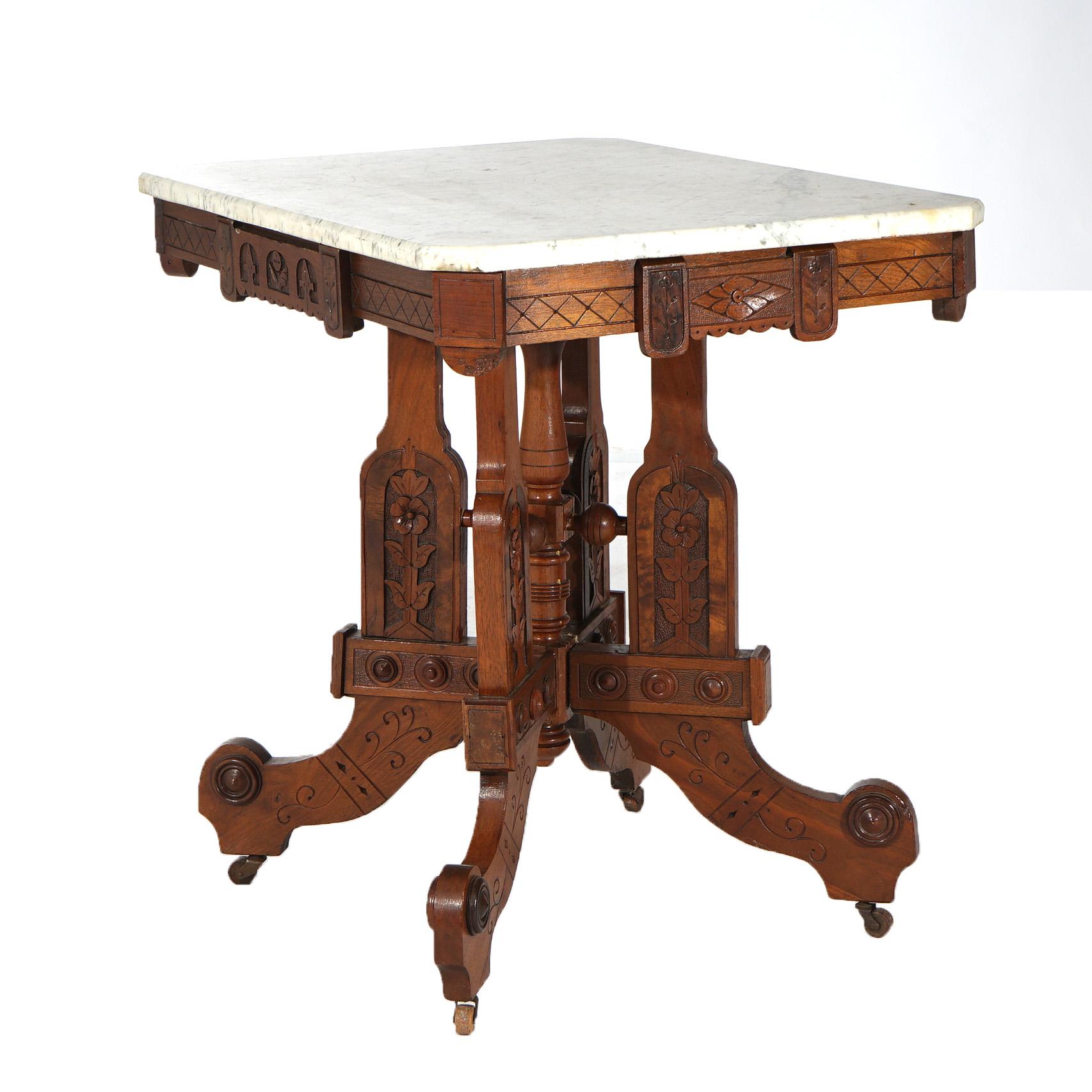 Antique Eastlake Aesthetic Floral Carved Walnut & Marble Parlor Table, c1880 For Sale 5