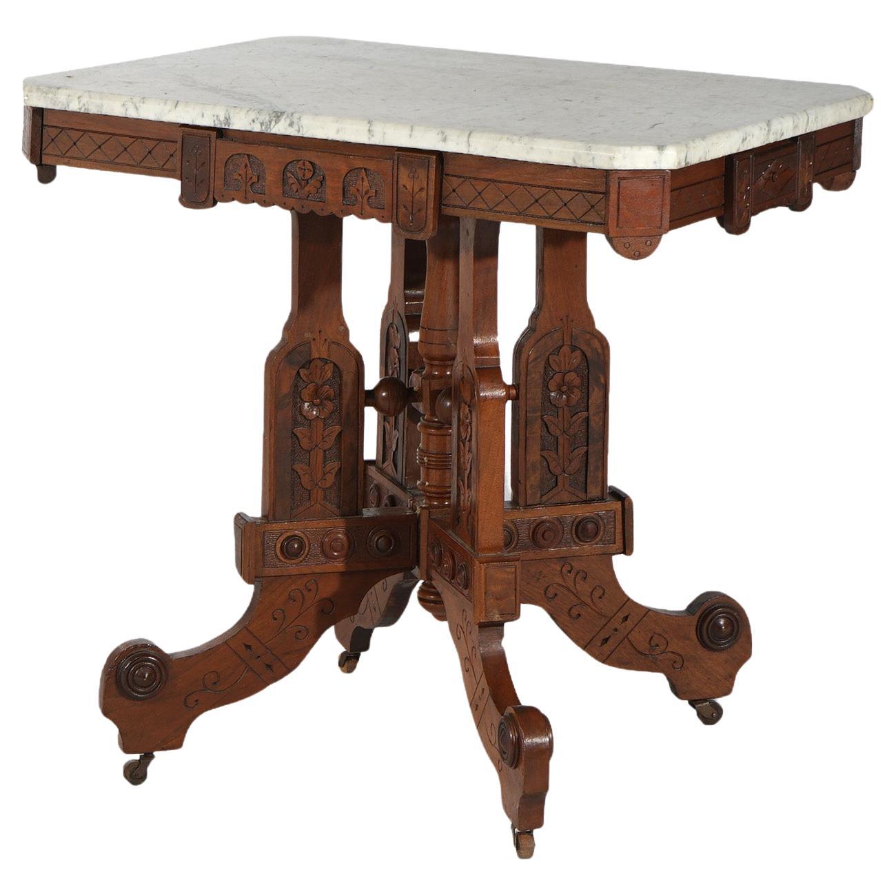 Antique Eastlake Aesthetic Floral Carved Walnut & Marble Parlor Table, c1880 For Sale
