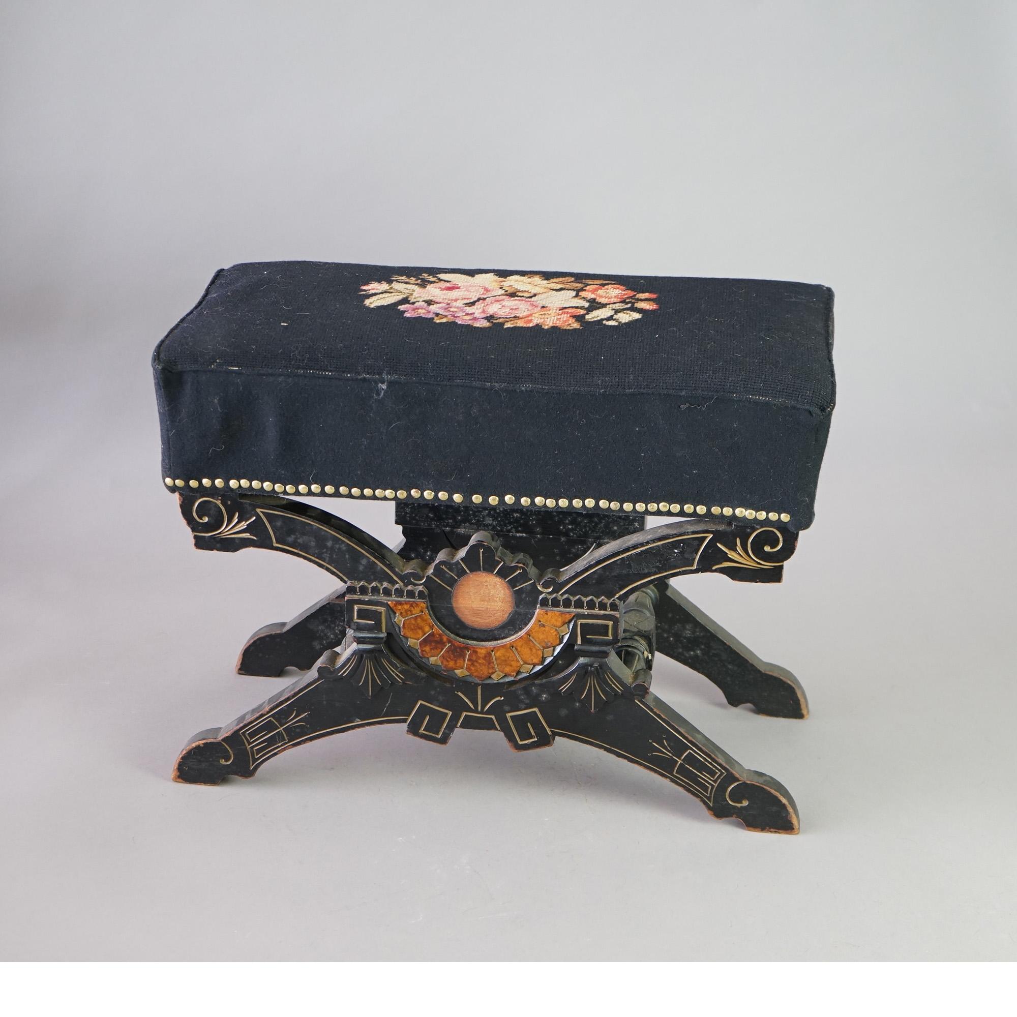 American Antique Eastlake Aesthetic Jelliff Style Ebonized & Gilt Needlepoint Stool C1890