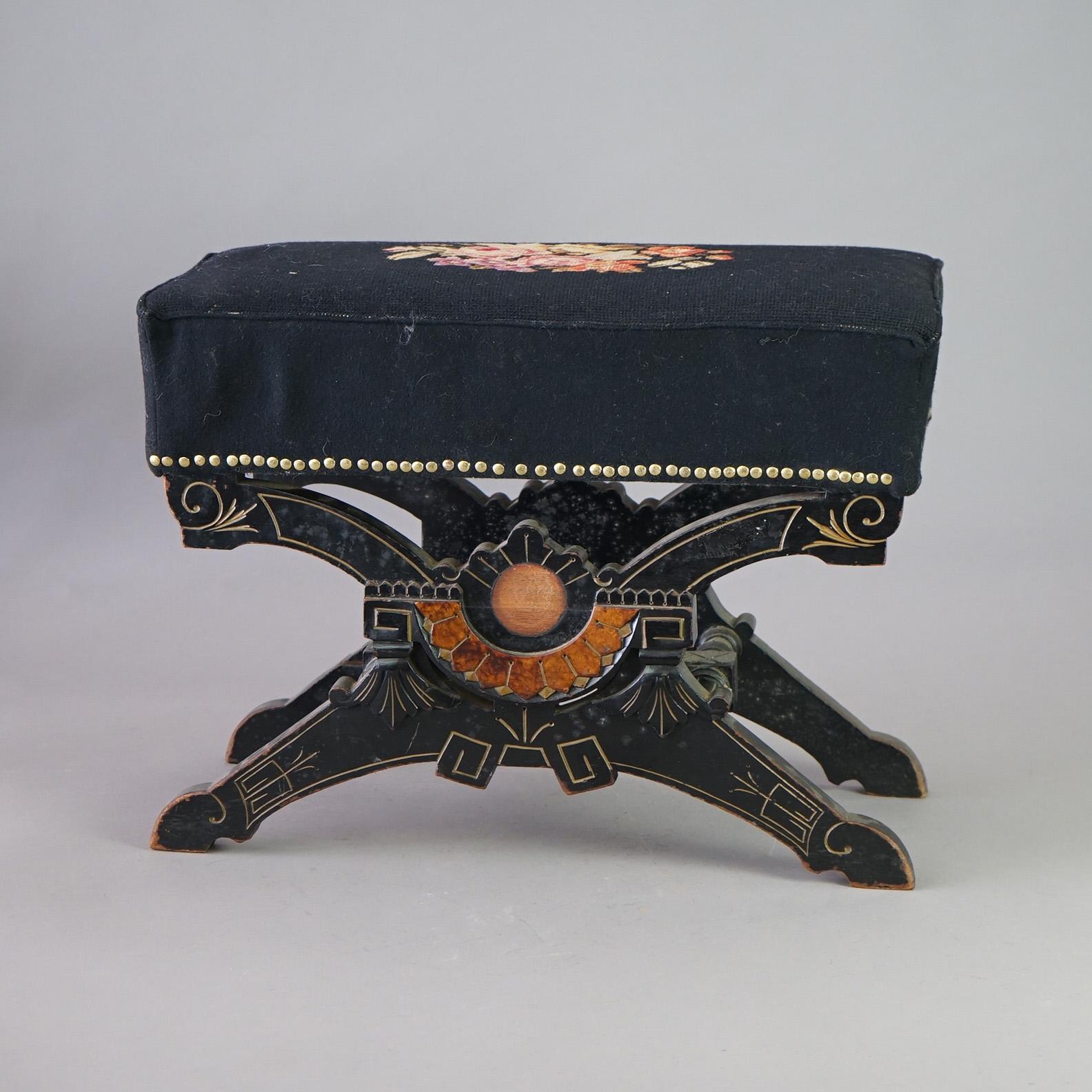 Antique Eastlake Aesthetic Jelliff Style Ebonized & Gilt Needlepoint Stool C1890 In Good Condition In Big Flats, NY