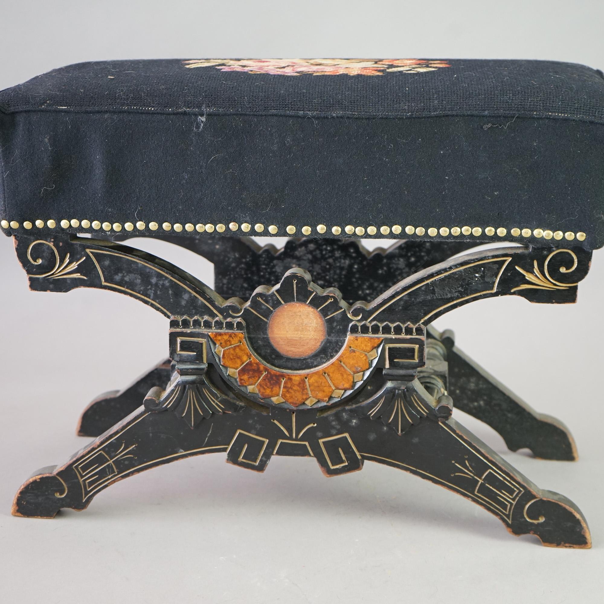 Antique Eastlake Aesthetic Jelliff Style Ebonized & Gilt Needlepoint Stool C1890 2