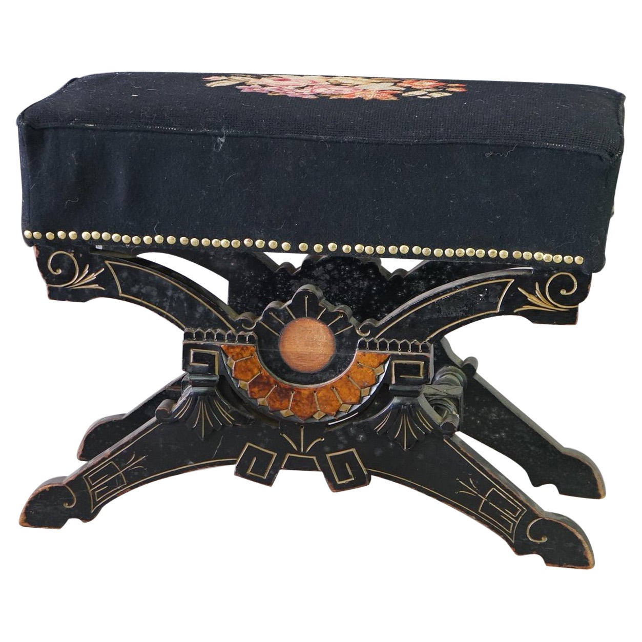 Antique Eastlake Aesthetic Jelliff Style Ebonized & Gilt Needlepoint Stool C1890