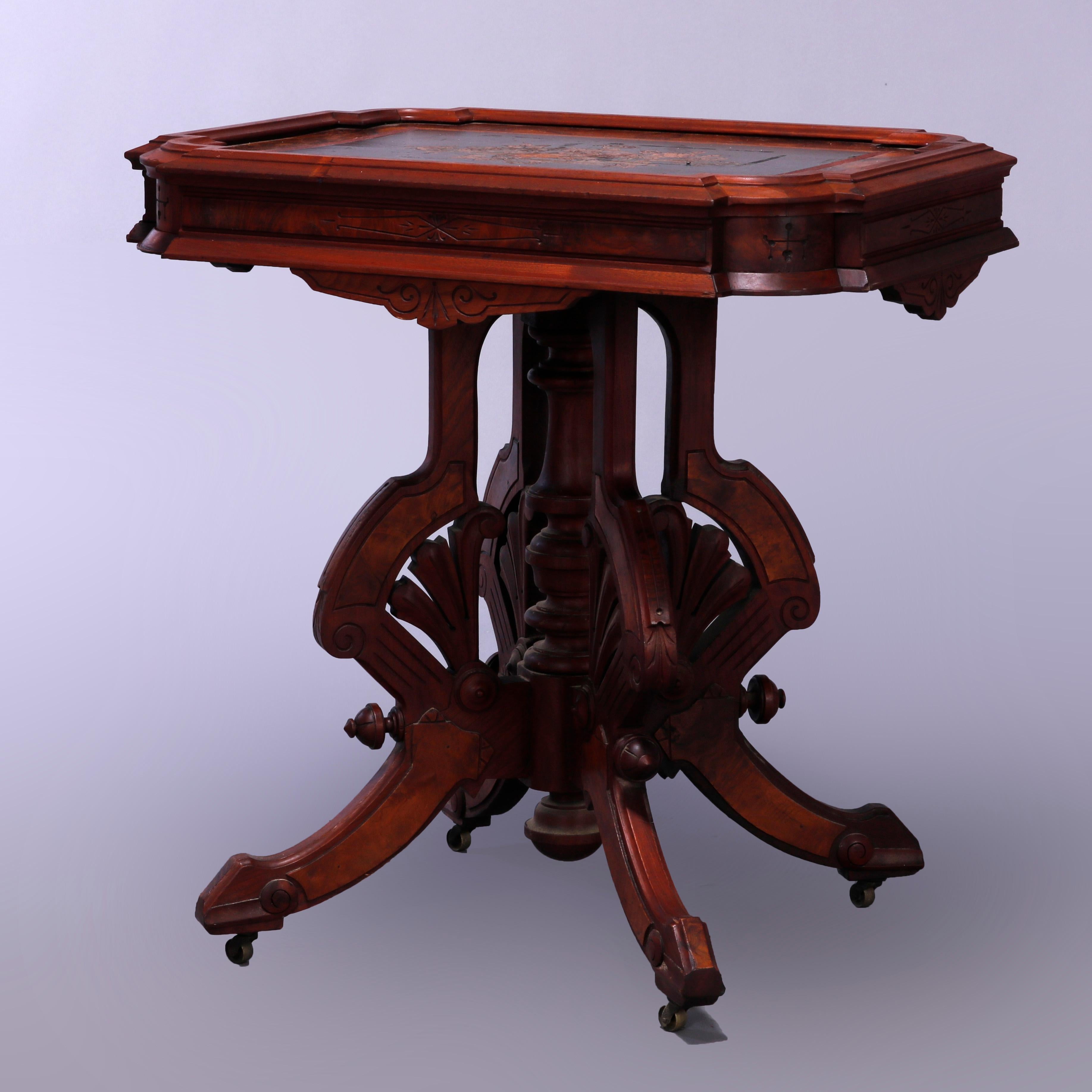 Antique Eastlake Berkey & Gay Attrb. Walnut & Burl Inlaid Parlor Table, c1880 3