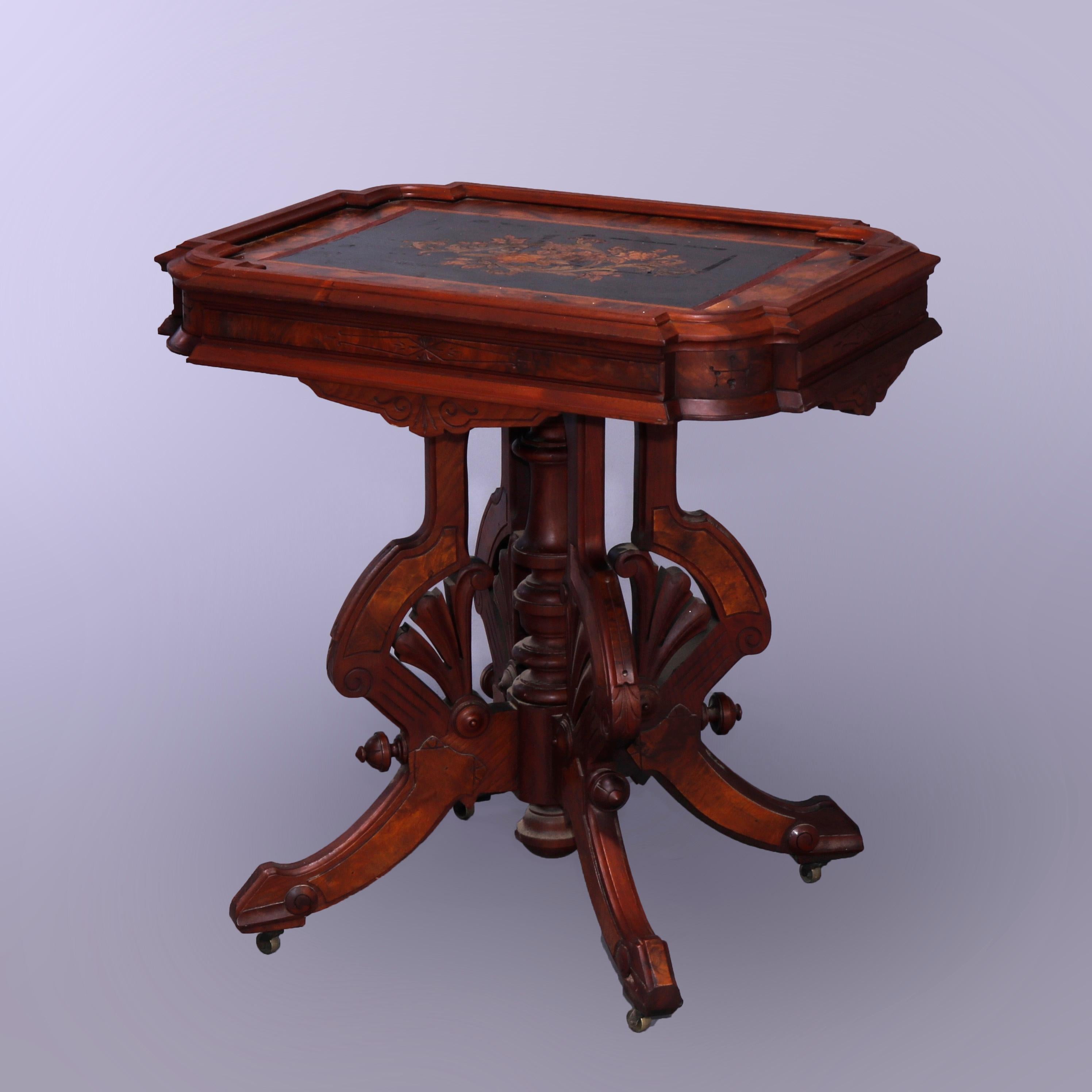 Antique Eastlake Berkey & Gay Attrb. Walnut & Burl Inlaid Parlor Table, c1880 4