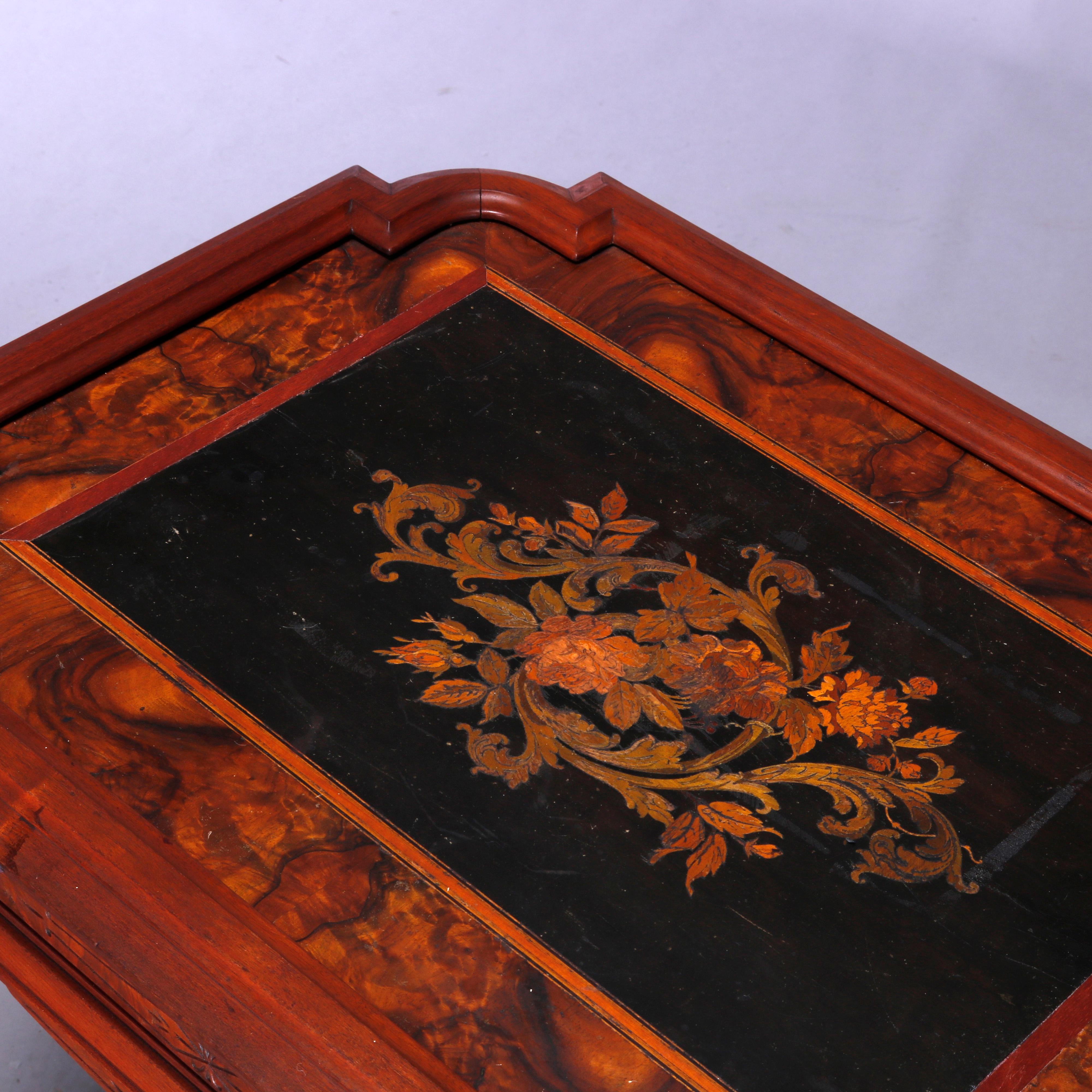 American Antique Eastlake Berkey & Gay Attrb. Walnut & Burl Inlaid Parlor Table, c1880