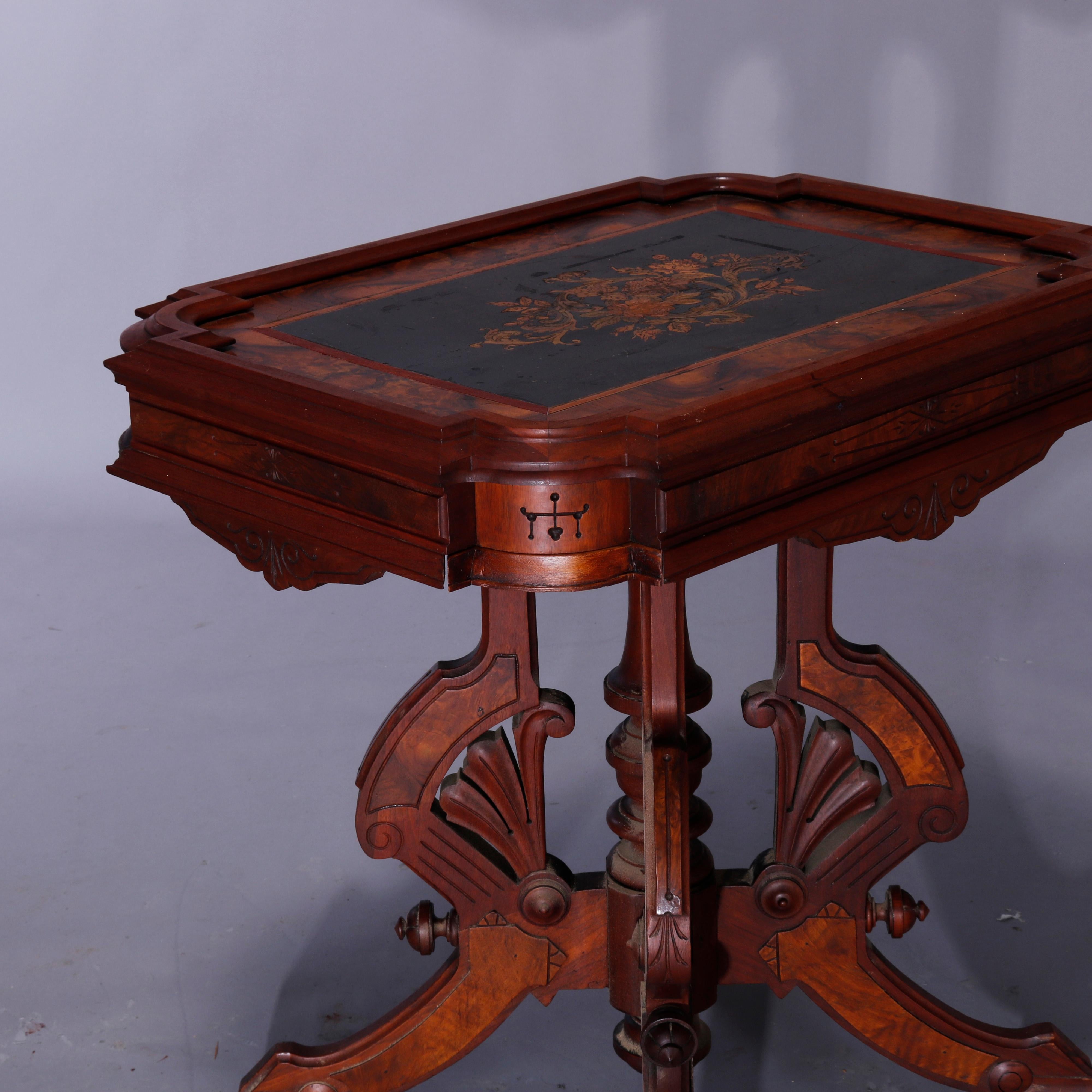 Carved Antique Eastlake Berkey & Gay Attrb. Walnut & Burl Inlaid Parlor Table, c1880