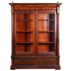 Antique Eastlake Carved and Burl Walnut Two-Door and Two-Drawer Bookcase