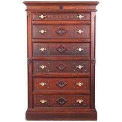 Antique Eastlake Carved and Inlaid Walnut Six-Drawer Side Lock High Chest