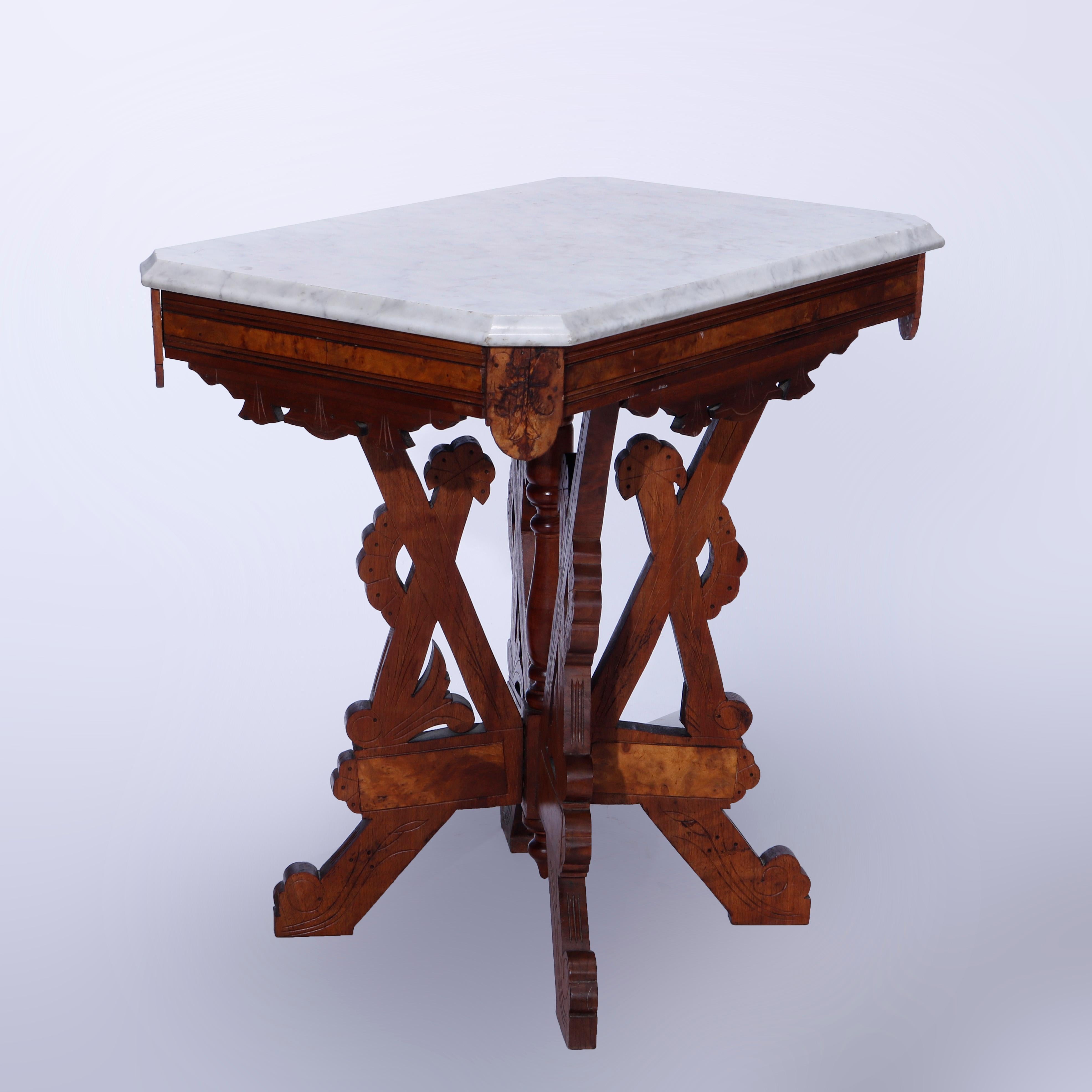 American Antique Eastlake Carved & Incised Walnut, Burl & Marble Parlor Table Circa 1890 For Sale