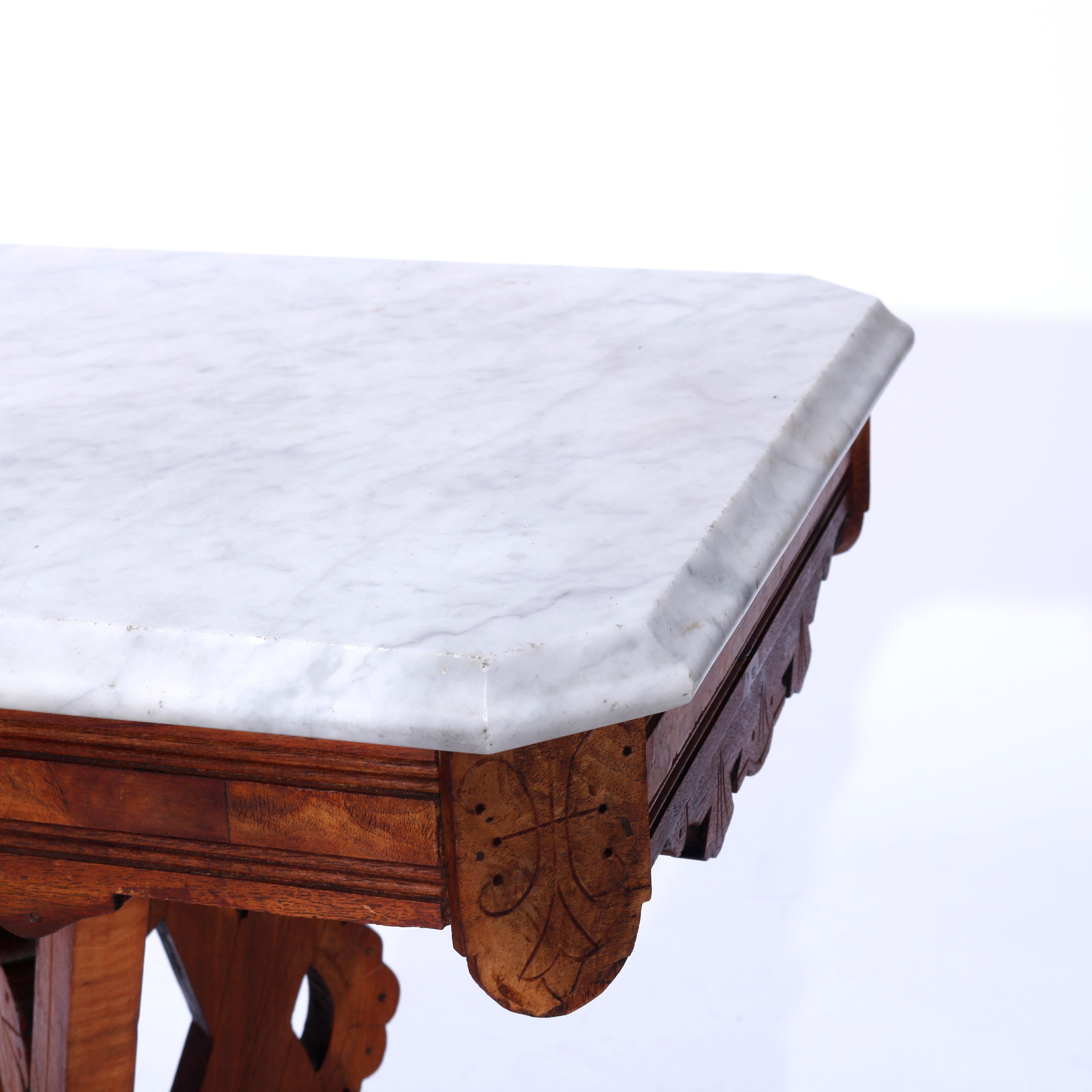 Antique Eastlake Carved & Incised Walnut, Burl & Marble Parlor Table Circa 1890 In Good Condition For Sale In Big Flats, NY