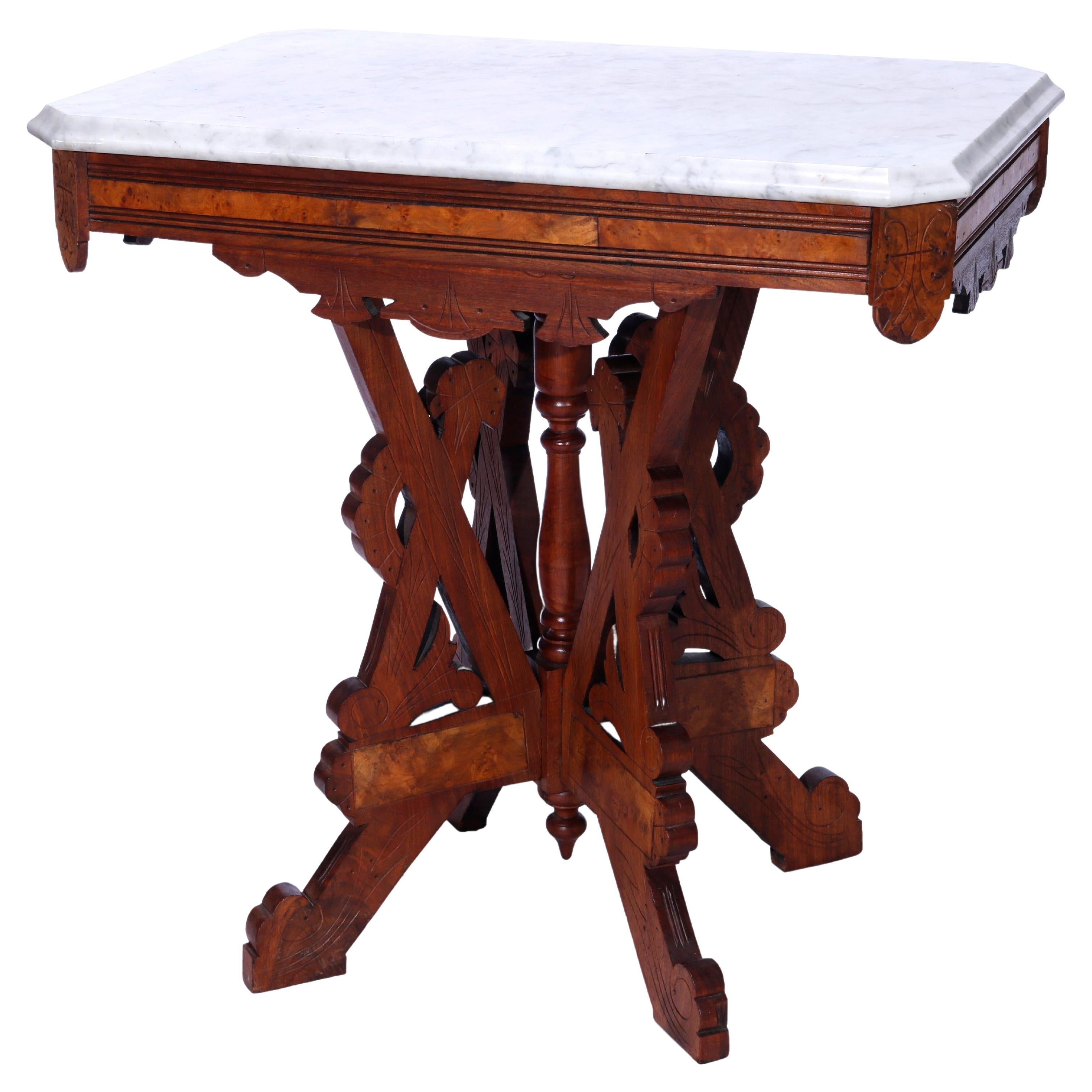 Antique Eastlake Carved & Incised Walnut, Burl & Marble Parlor Table Circa 1890