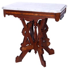 Antique Eastlake Carved & Incised Walnut, Burl & Marble Parlor Table Circa 1890