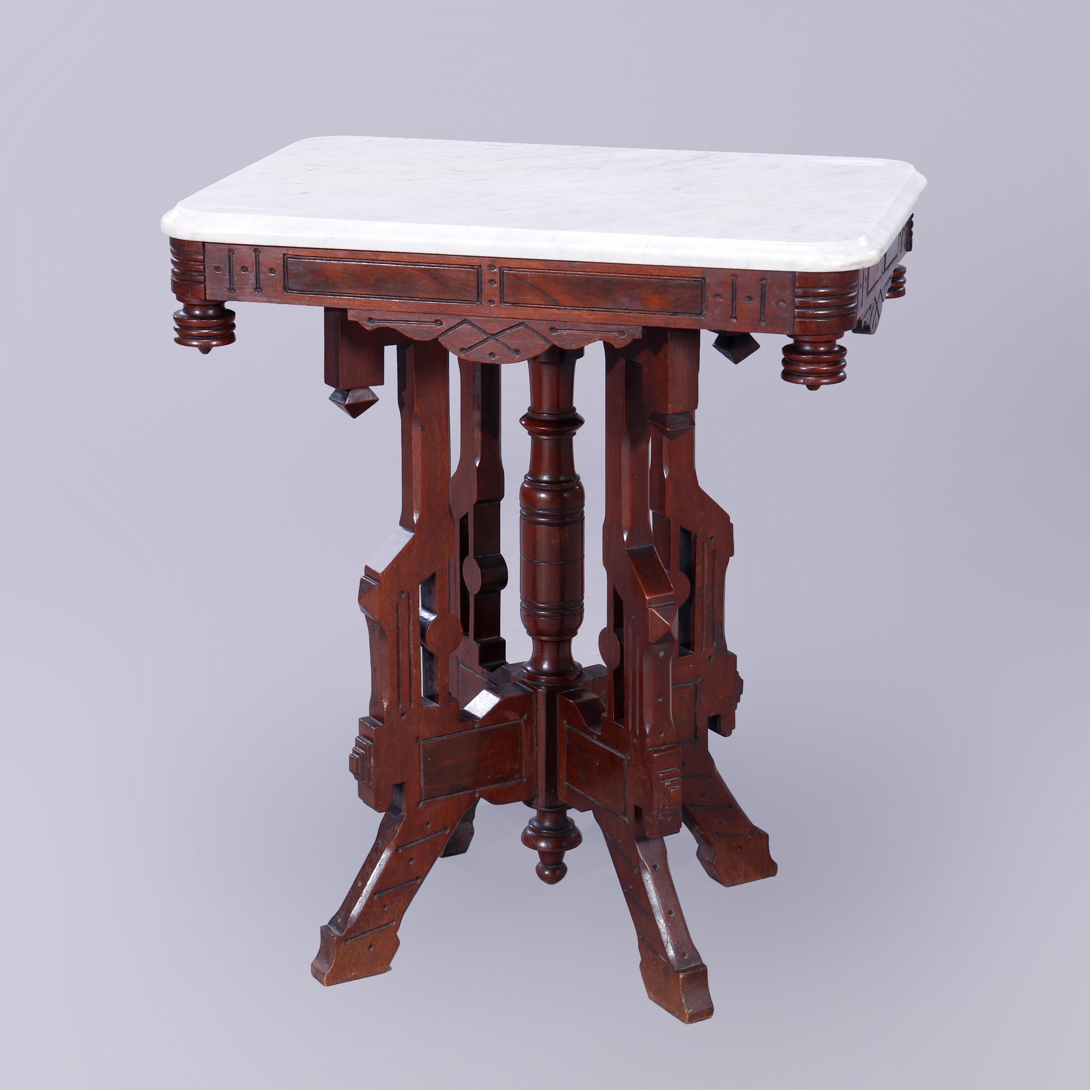 Antique Eastlake Carved and Incised Walnut, Burl and Marble Side Table