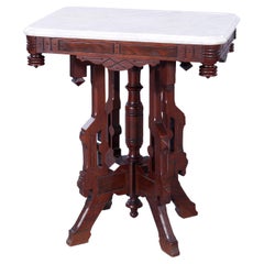 Antique Eastlake Carved & Incised Walnut, Burl & Marble Side Table, c1890