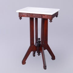 Antique Eastlake Carved & Incised Walnut & Marble Side Table, c1890