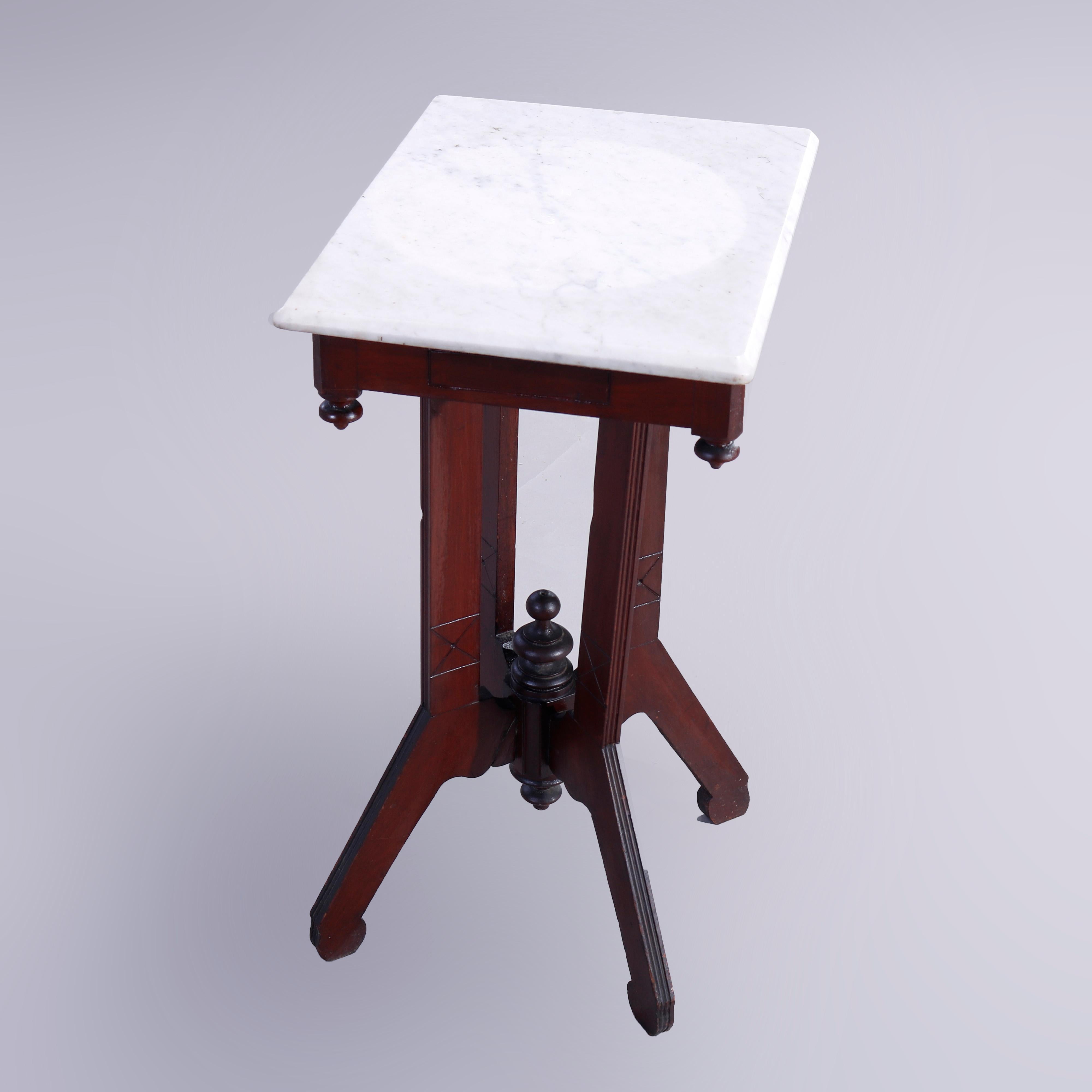 American Antique Eastlake Carved & Incised Walnut & Marble Side Table, c1890
