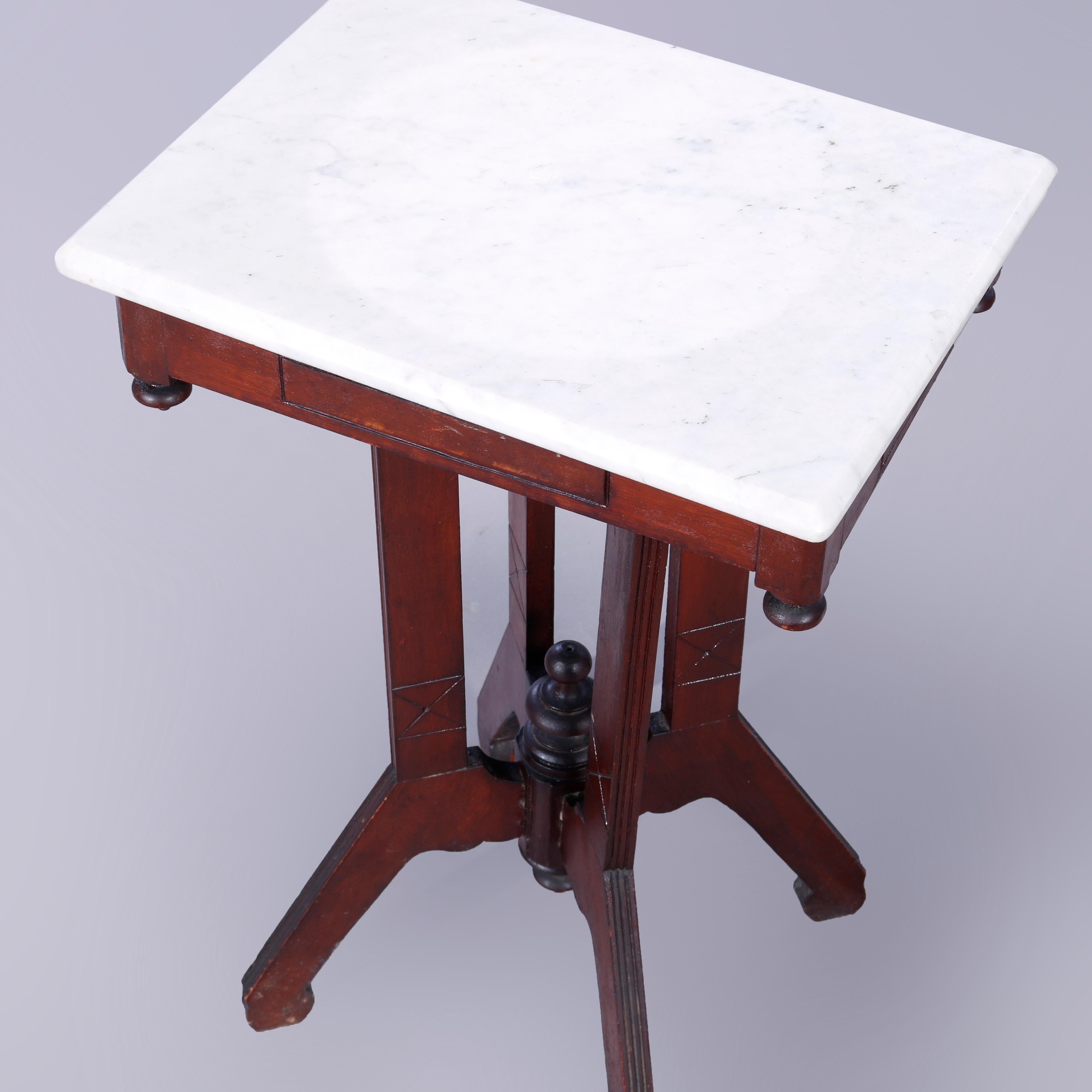 Beveled Antique Eastlake Carved & Incised Walnut & Marble Side Table, c1890