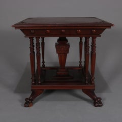 Antique Eastlake Carved Mahogany Regina Music Box Table with Paw Feet