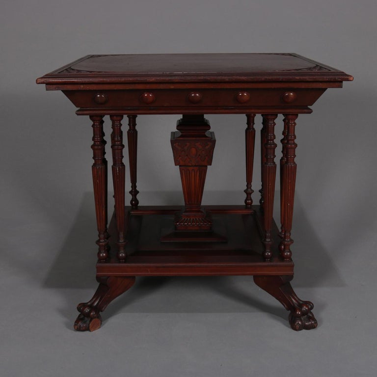 Antique Eastlake Carved Mahogany Regina Music Box Table with Paw Feet