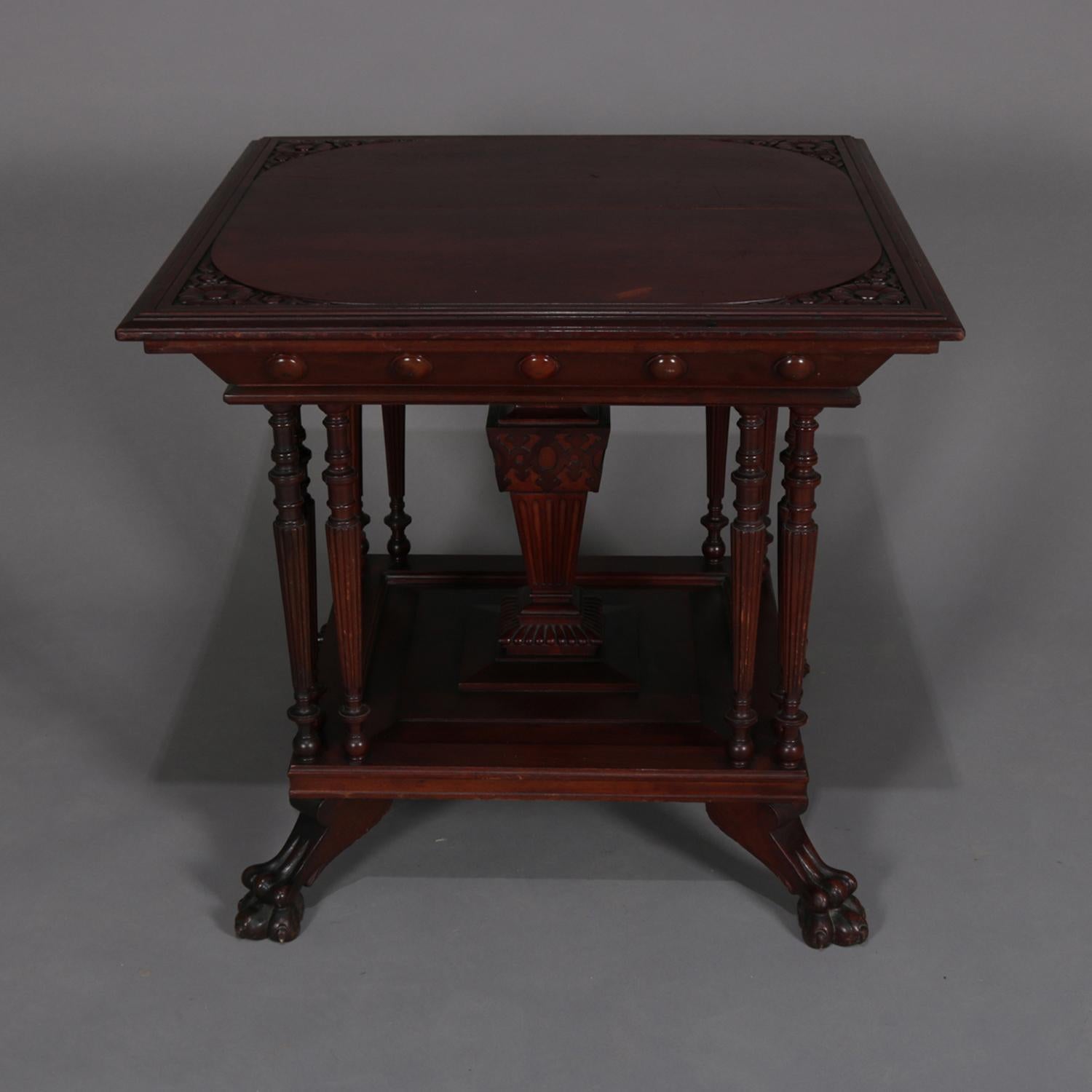 Victorian Antique Eastlake Carved Mahogany Regina Music Box Table with Paw Feet