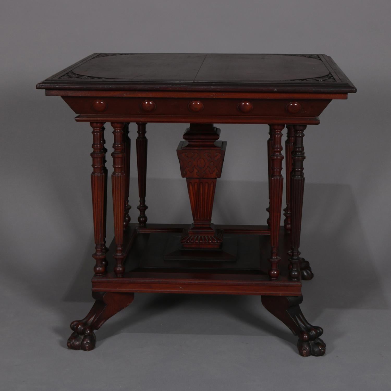 Antique Eastlake Carved Mahogany Regina Music Box Table with Paw Feet 1
