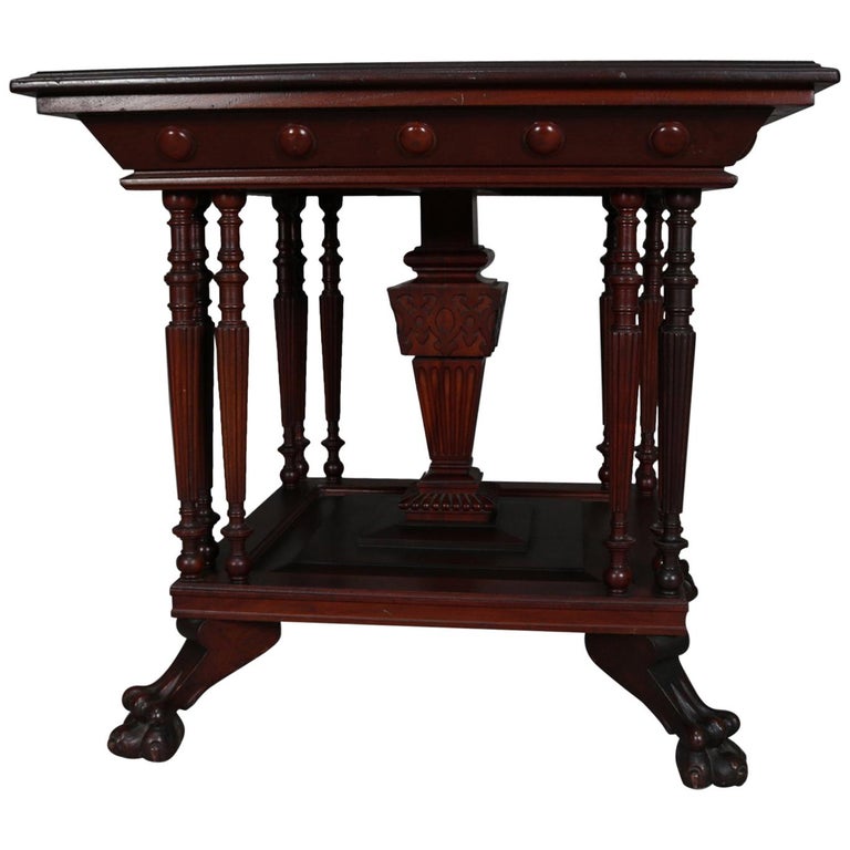 Antique Eastlake Carved Mahogany Regina Music Box Table with Paw Feet