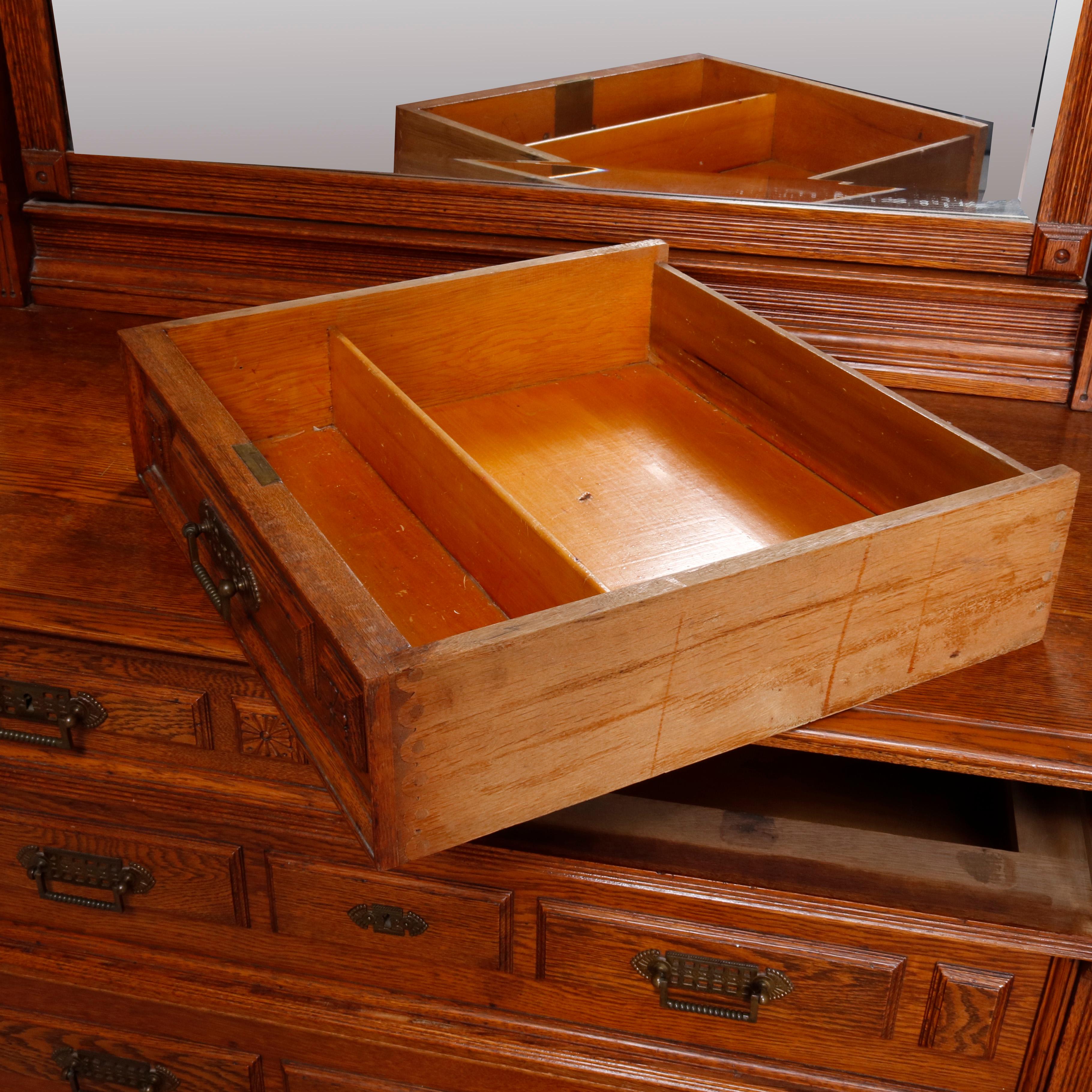 Eastlake Carved Oak and Bronze 4-Drawer Dresser with Beveled Mirror, circa 1890 1