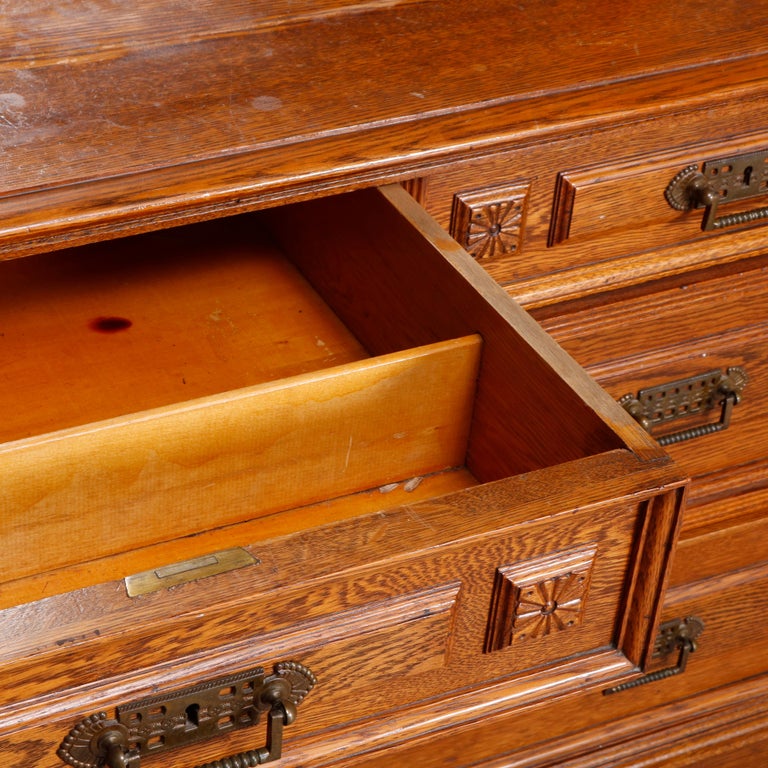 Eastlake Carved Oak and Bronze 4Drawer Dresser with Beveled Mirror