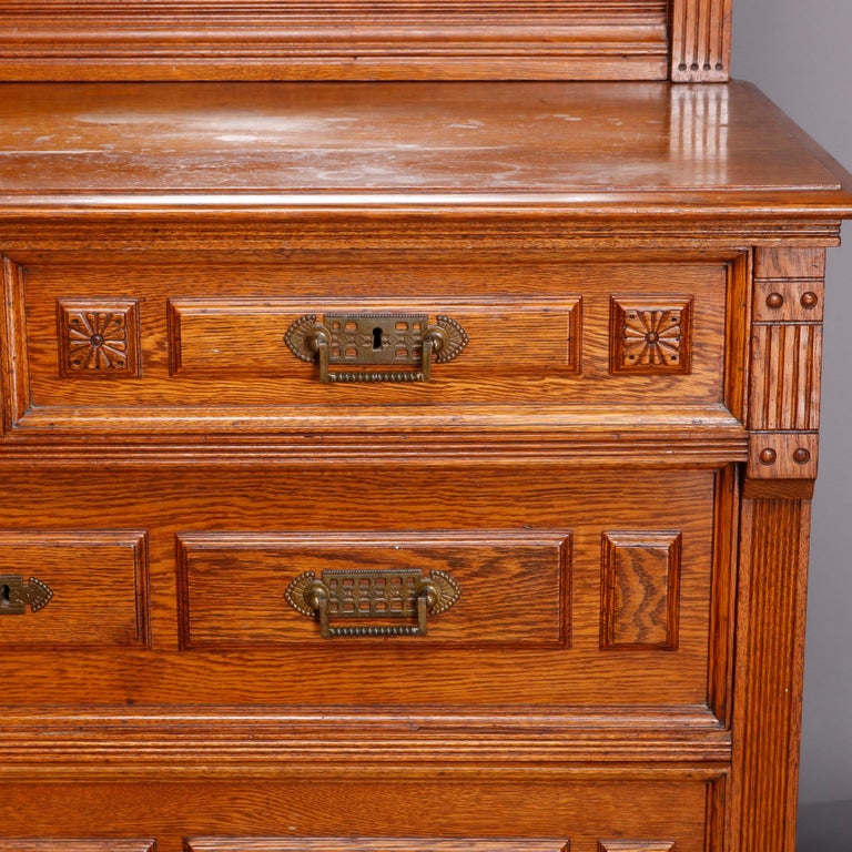 Eastlake Carved Oak and Bronze 4Drawer Dresser with Beveled Mirror