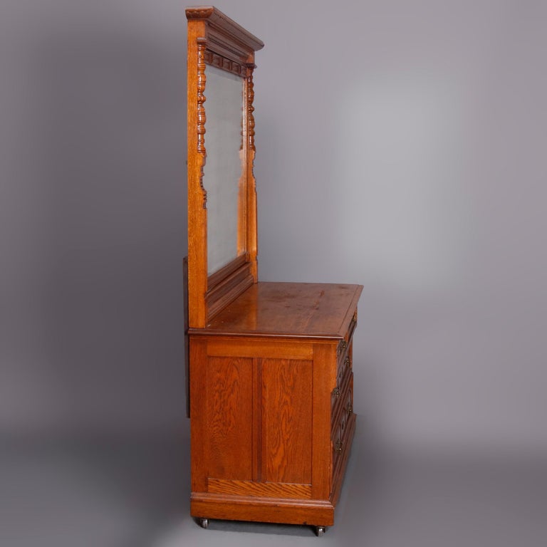 Eastlake Carved Oak and Bronze 4Drawer Dresser with Beveled Mirror