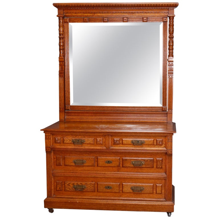 Eastlake Carved Oak and Bronze 4Drawer Dresser with Beveled Mirror