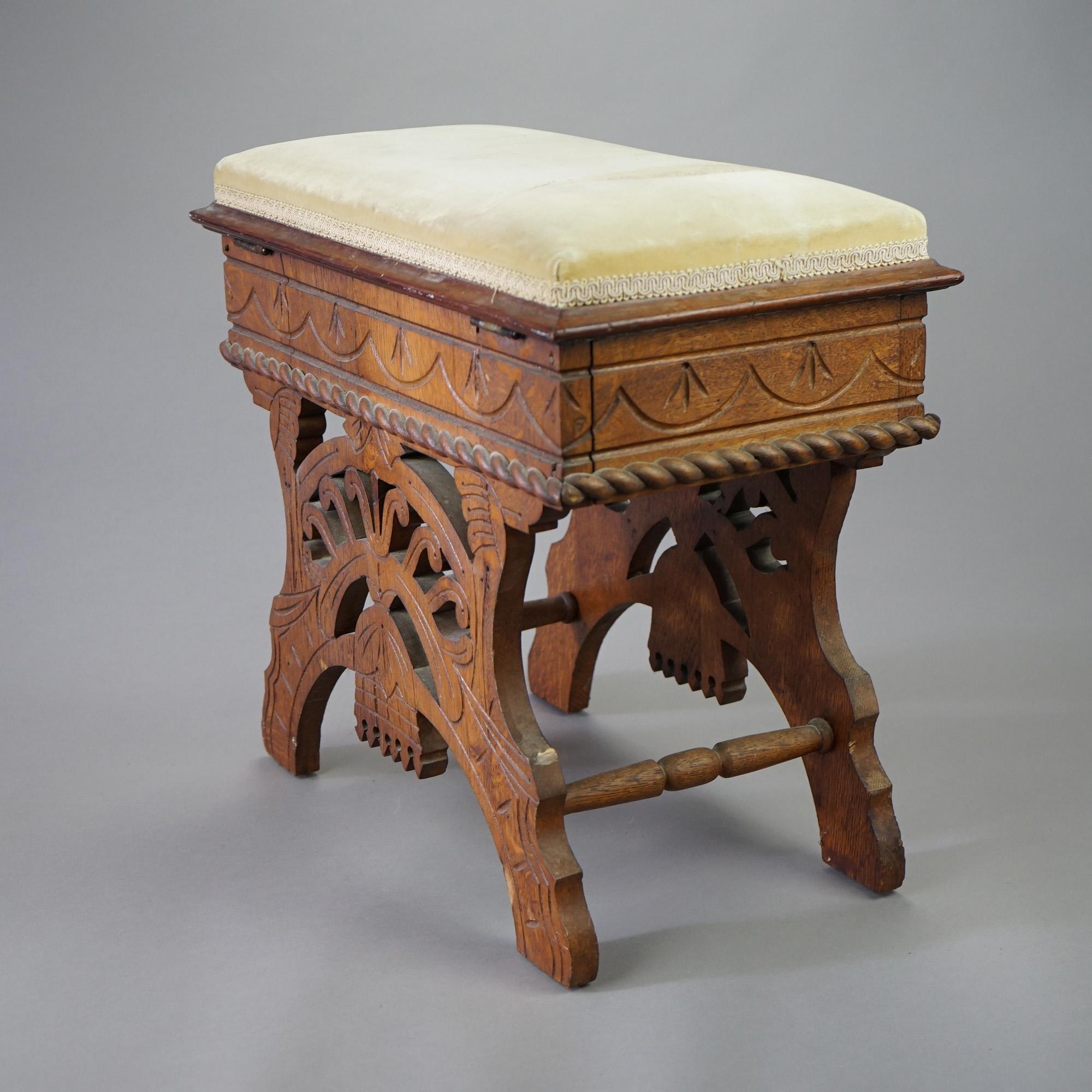 Antique Eastlake Carved Oak Lift Top Bench, Circa 1890 1