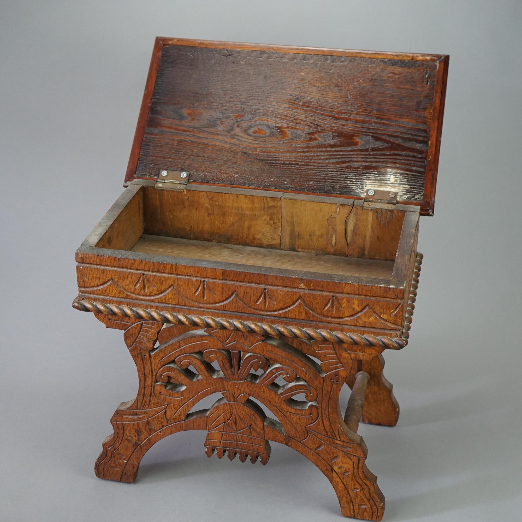 Antique Eastlake Carved Oak Lift Top Bench, Circa 1890 2