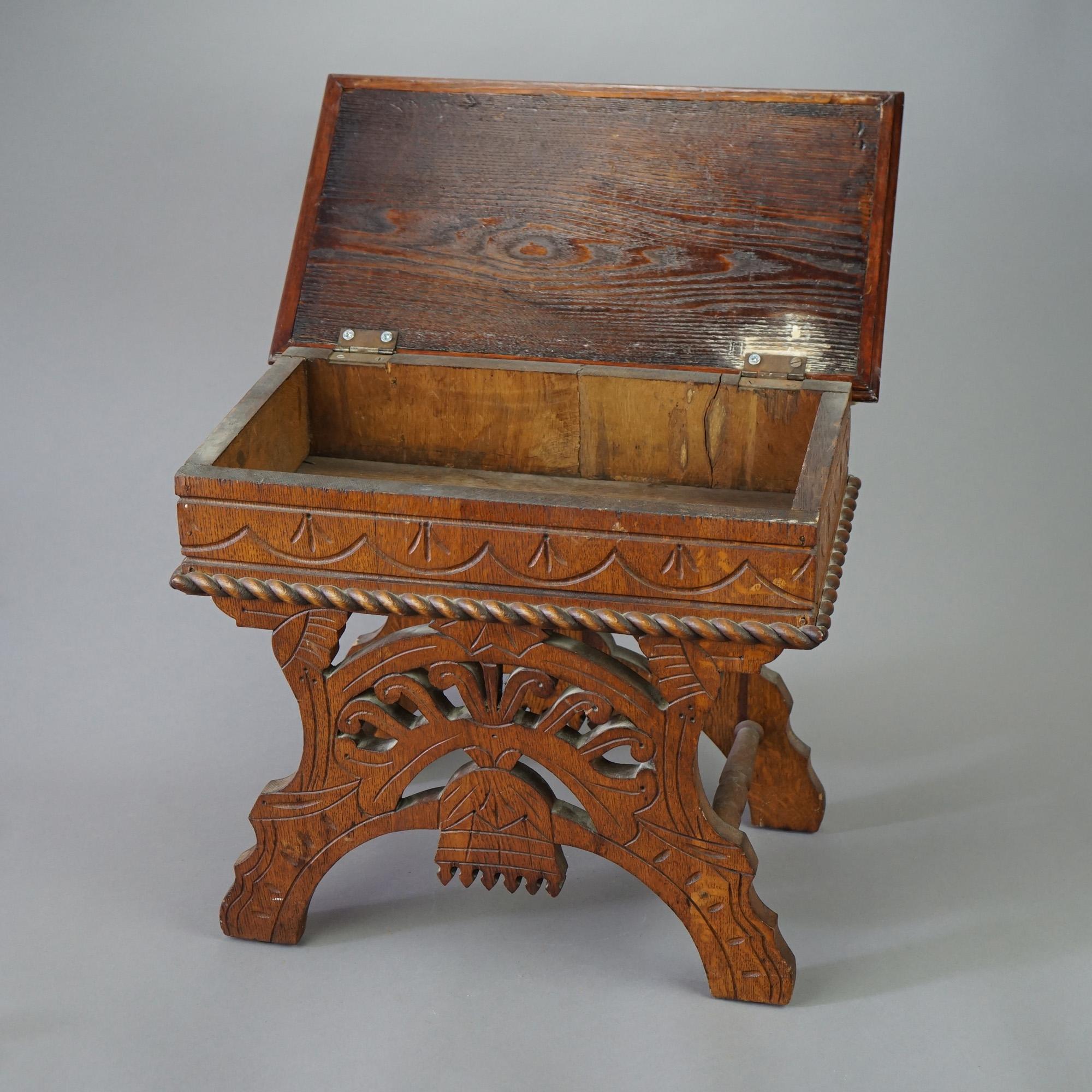 Antique Eastlake Carved Oak Lift Top Bench, Circa 1890 3